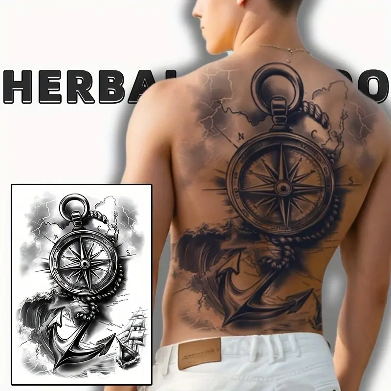 Large Compass Anchor Tattoo Sticker, Temporary Tattoo Stickers, and Art Style, Lasts 7-14 Days, Unisex, Fashion Body Art, Non-Glare, Cool Realistic Effect