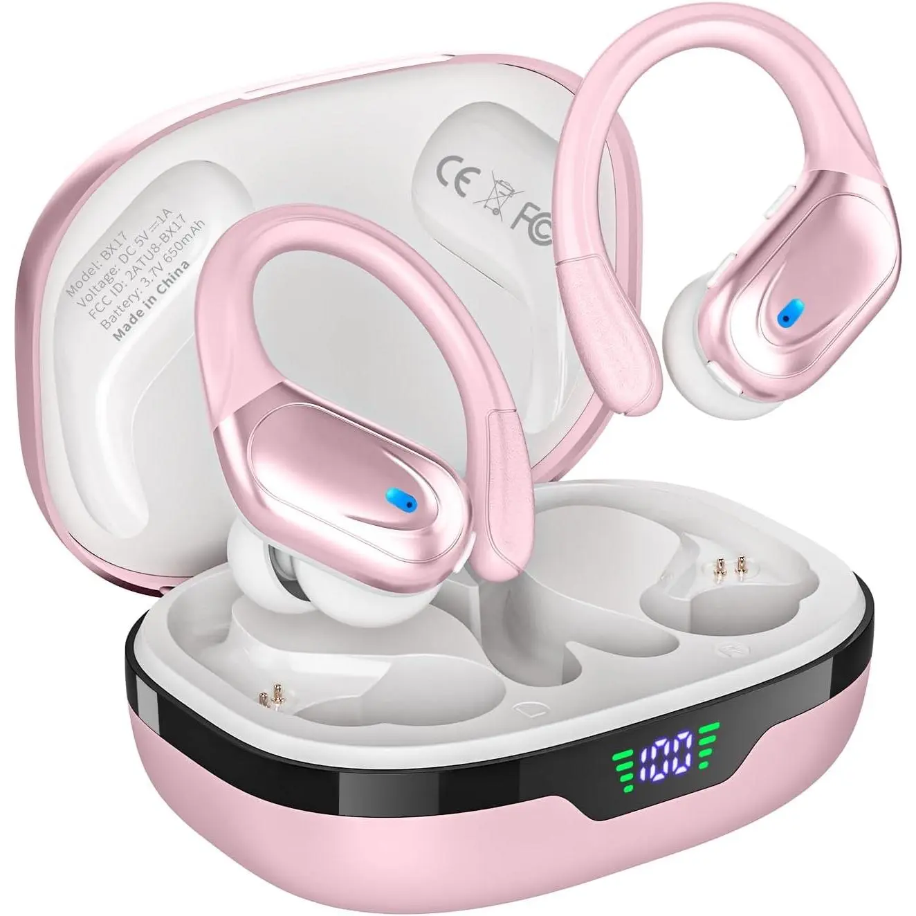 Wireless Earbuds, Sports Bluetooth Headphones, 80Hrs Playtime Ear Buds with LED Power Display, Noise Canceling Headset, IPX7 Waterproof Earphones for Workout/Running (Pink)