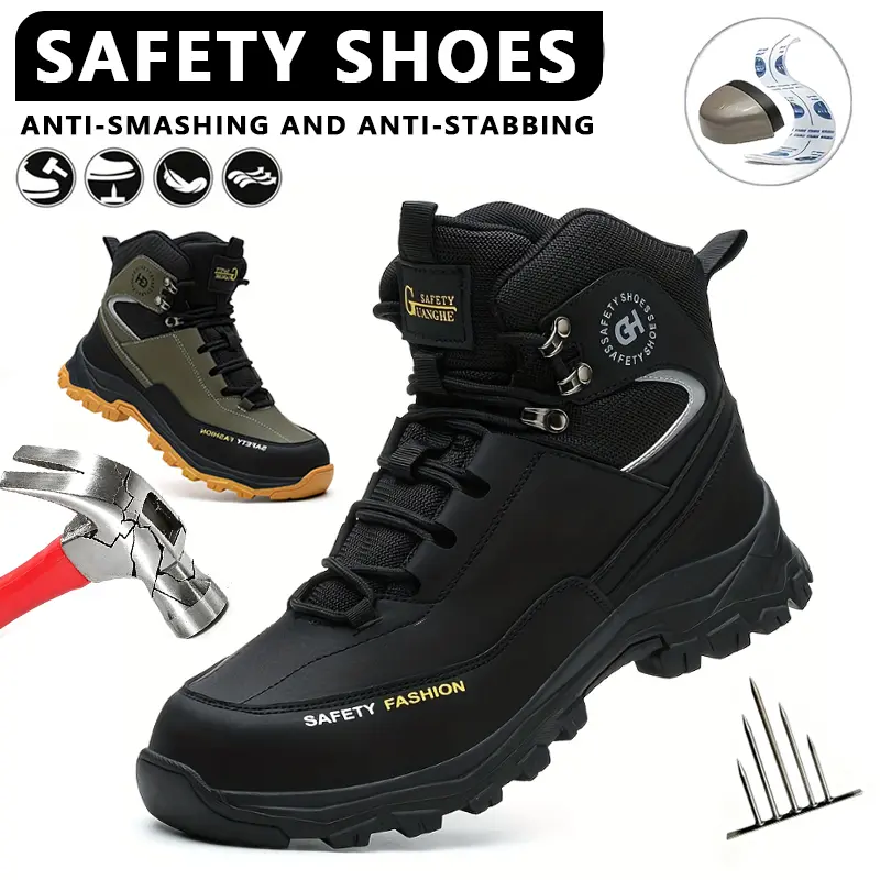 Men Indestructible Steel Toe Work Boots Anti Smash Puncture Proof Safety Shoes Non Slip Waterproof High Top Construction Work Shoes All Season Outdoor Hiking Roofing Industrial Protective Footwear Black Fashion Work Sneakers For Men Daily Wear Lightweight