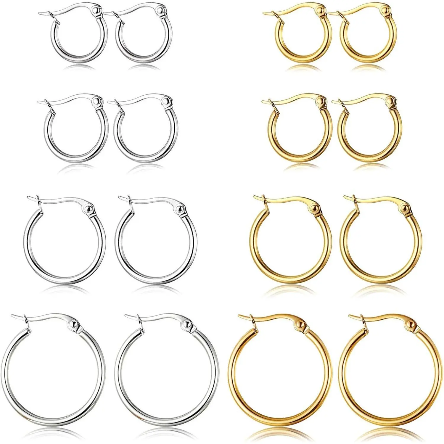 CASSIECA 4Pair Stainless Steel Earring Stack Set Hypoallergenic Gold Plated, Silver, Lightweight Classic Hoop Earrings, 10MM 20MM Huggie Hoops Fashion Jewelry Accessories for Summer Sohochic