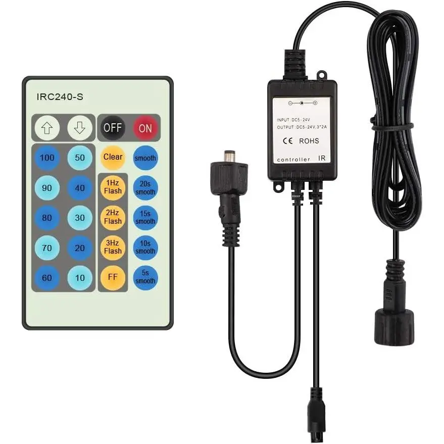 24-Key LED Copper String Lights IR Remote Controller with DC12V-24V Controller Box for 99ft / 164ft Plug in Fairy Lights