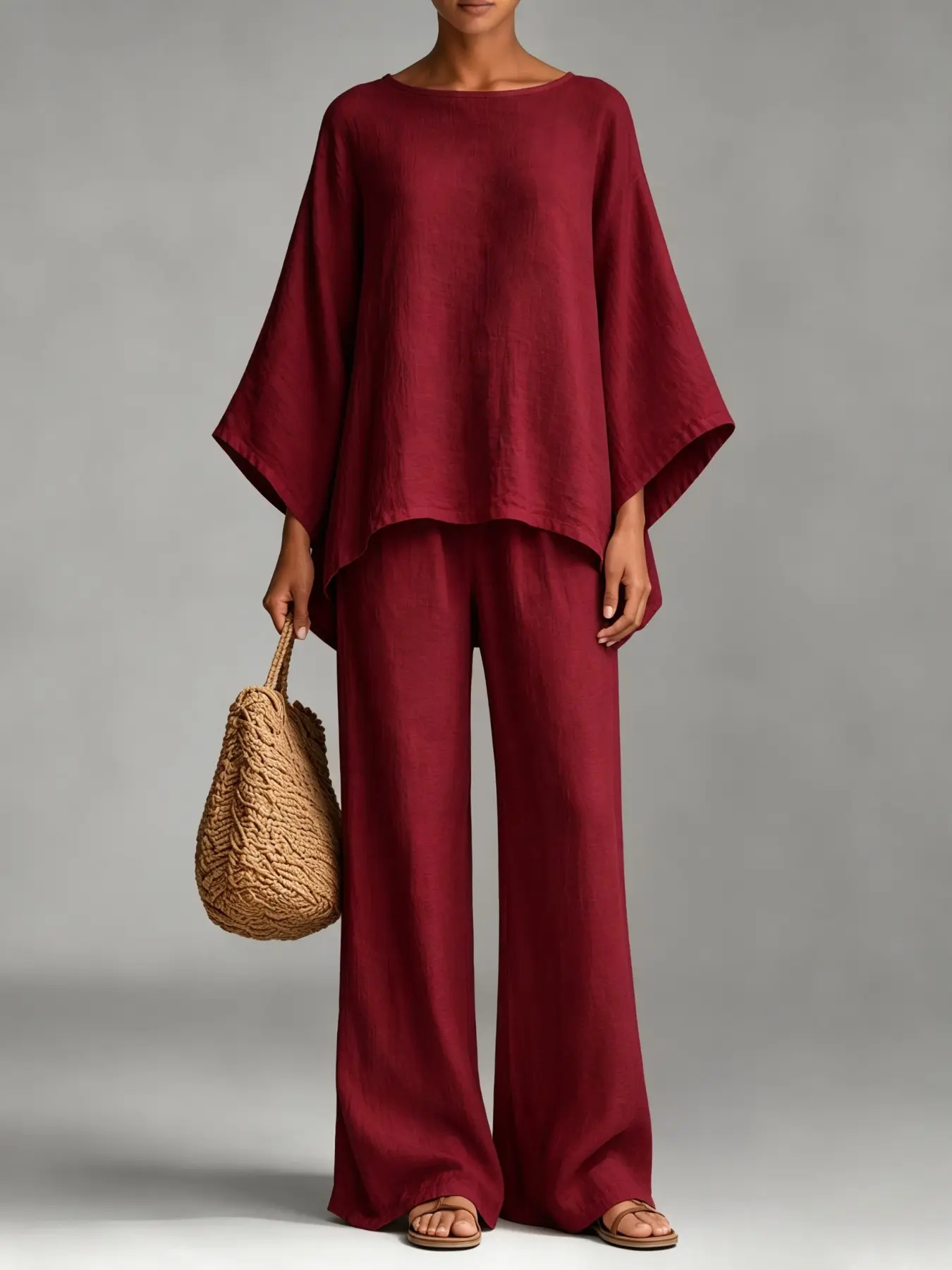 D2470 Women Minimalist Casual Loose Co Ord Athleisure Set Polyester Batwing Sleeve Asymmetrical Hem Top High Waist Flowy Wide Leg Palazzo Pants Trendy Streetwear Matching Outfit