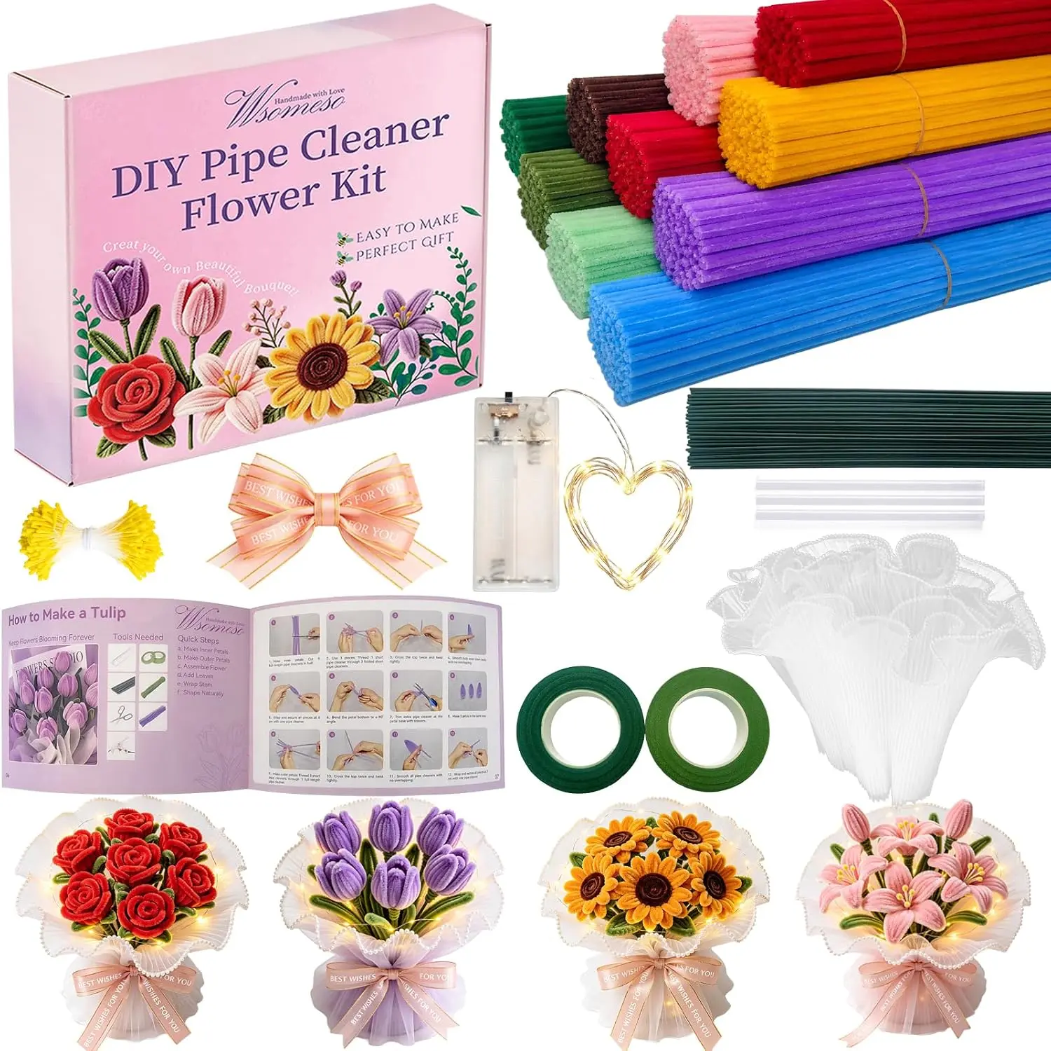 600 count Rainbow Pipe Cleaner Flower Kit with LED Fairy Lights,Chenille Stems for Pipe Cleaners Craft,Tutorial Book & Video,Pastel Pipe Cleaners Bulk DIY Craft for Adult &