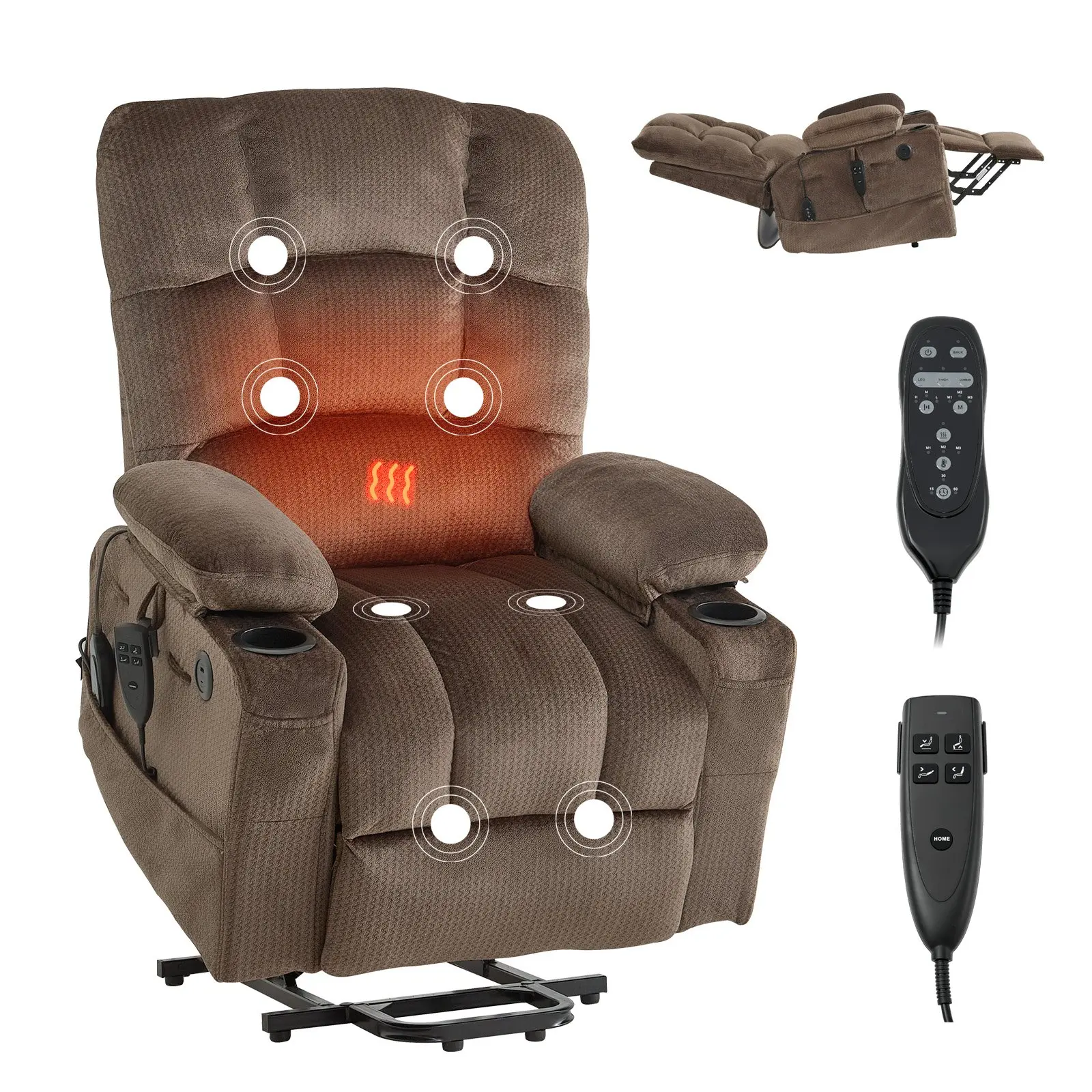 VEVOR Power Lift Recliner Chair - Dual Motor, 350 lb & Above Capacity, 90x94x108 cm Velvet Electric Chair with Heat, Massage, Armrest, USB Port, Infinite Position Adjustment, Side/Front Pockets, Cup Holders for Elderly, Brown
