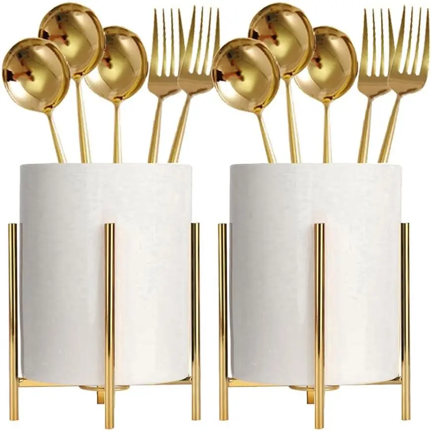 2 count Sturdy Cutlery Holder White Ceramic With Metal Bracket Robust Silverware  For Countertop - Spoon Holder Silverware