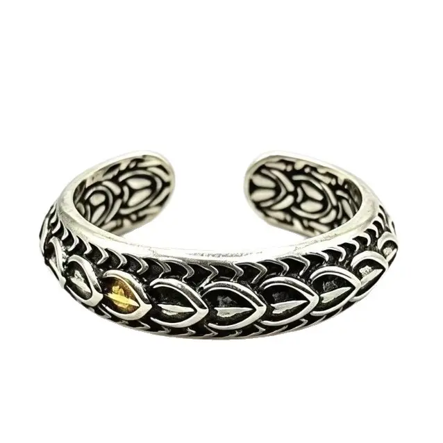 Thai Silver Dragon Scale Open Rings for Men – Vintage Distressed 3D Relief Adjustable Band, Unique Statement Rings