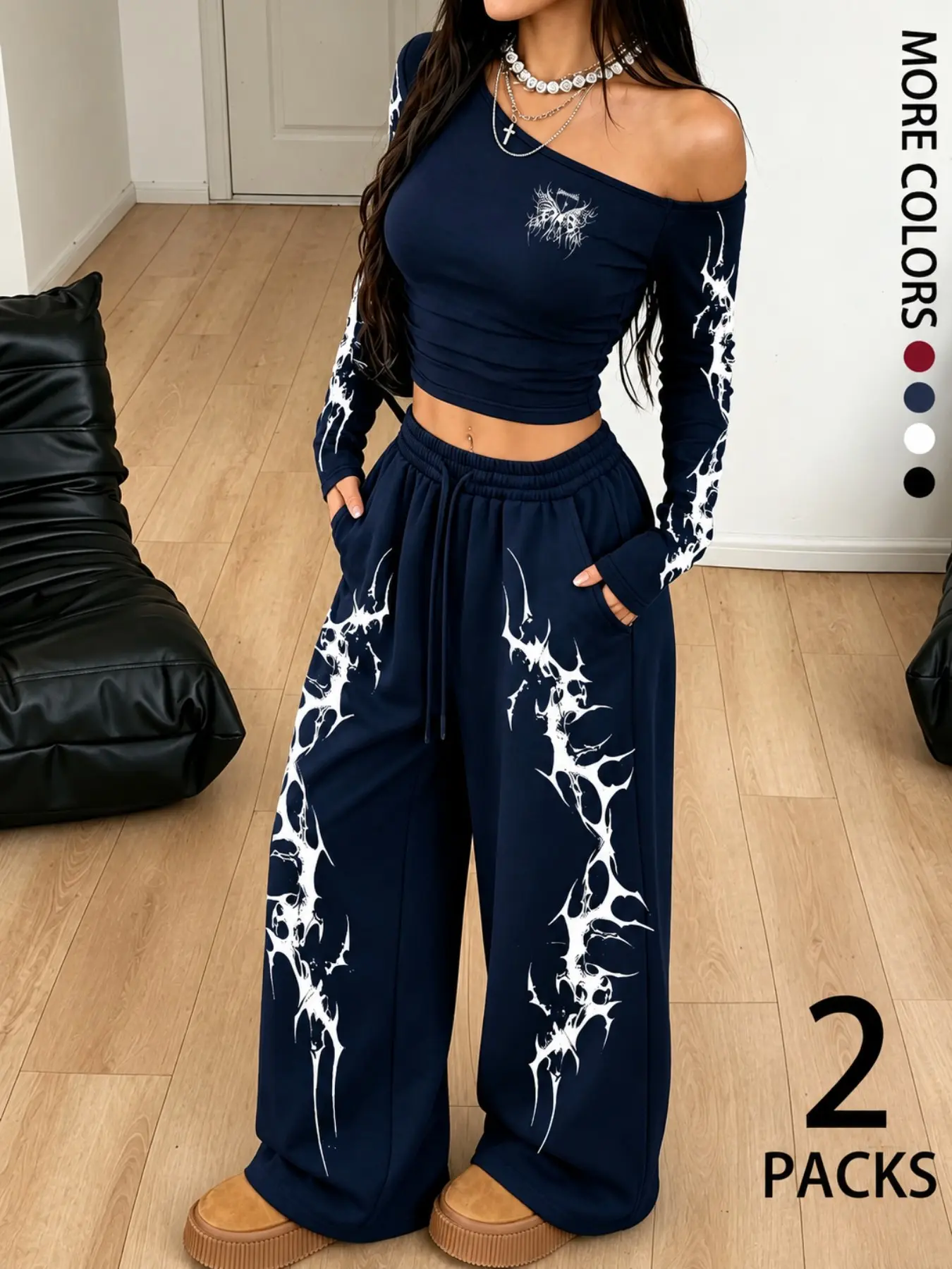 Women's Gothic Thorn Print 2 Piece Outfit, Off Shoulder Long Sleeve Ruched Crop Top & Drawstring Baggy Wide Leg Sweatpants Streetwear Set Clothes
