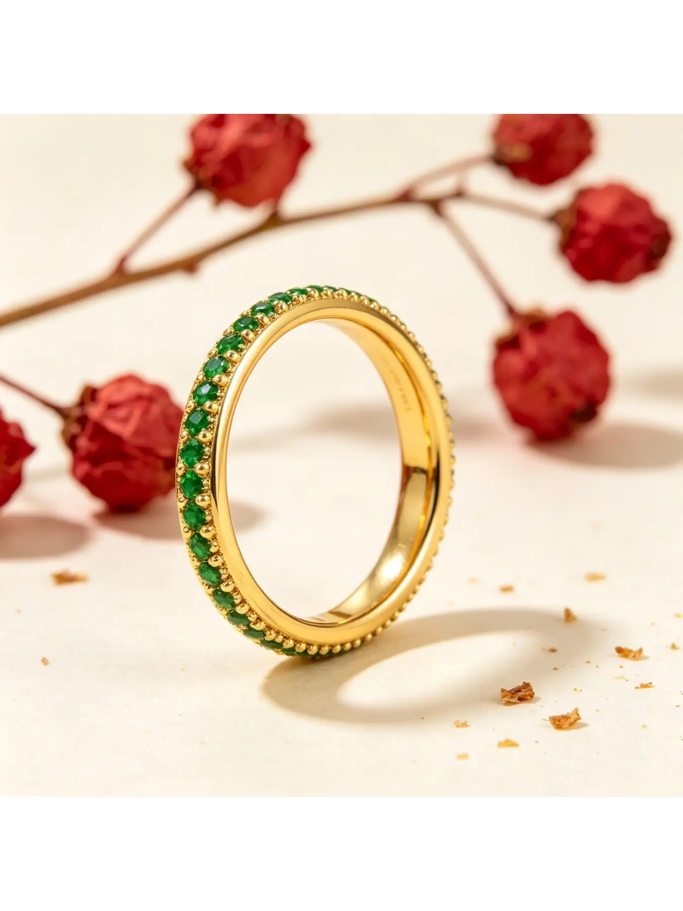 Half Eternity Paved Tiny Vivid Green Gem Narrow Gold Engagement Ring, Bridal Ring, Sleek Delicate Gift for Women, Channel Set Glitter Green Stone Smooth Band for Everyday Wear, Ideal for Easter Spring Outings, Christmas Parties and Wedding Stack Styling