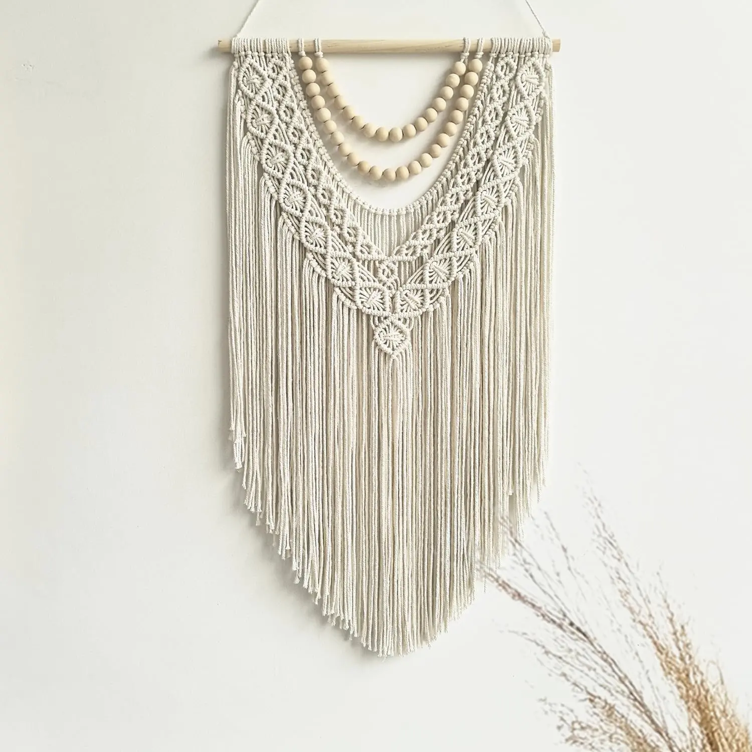 Guzhiou Artisan Knit Eco-Friendly Cotton Rope Macrame Wall Hanging - Decorative Boho Geometric Woven Tapestry with Wooden Bead Backdrop, Fringe Detail, Easy Install Room Decor Photo Prop (31.5in L x 17in W, Wood Bead-B)