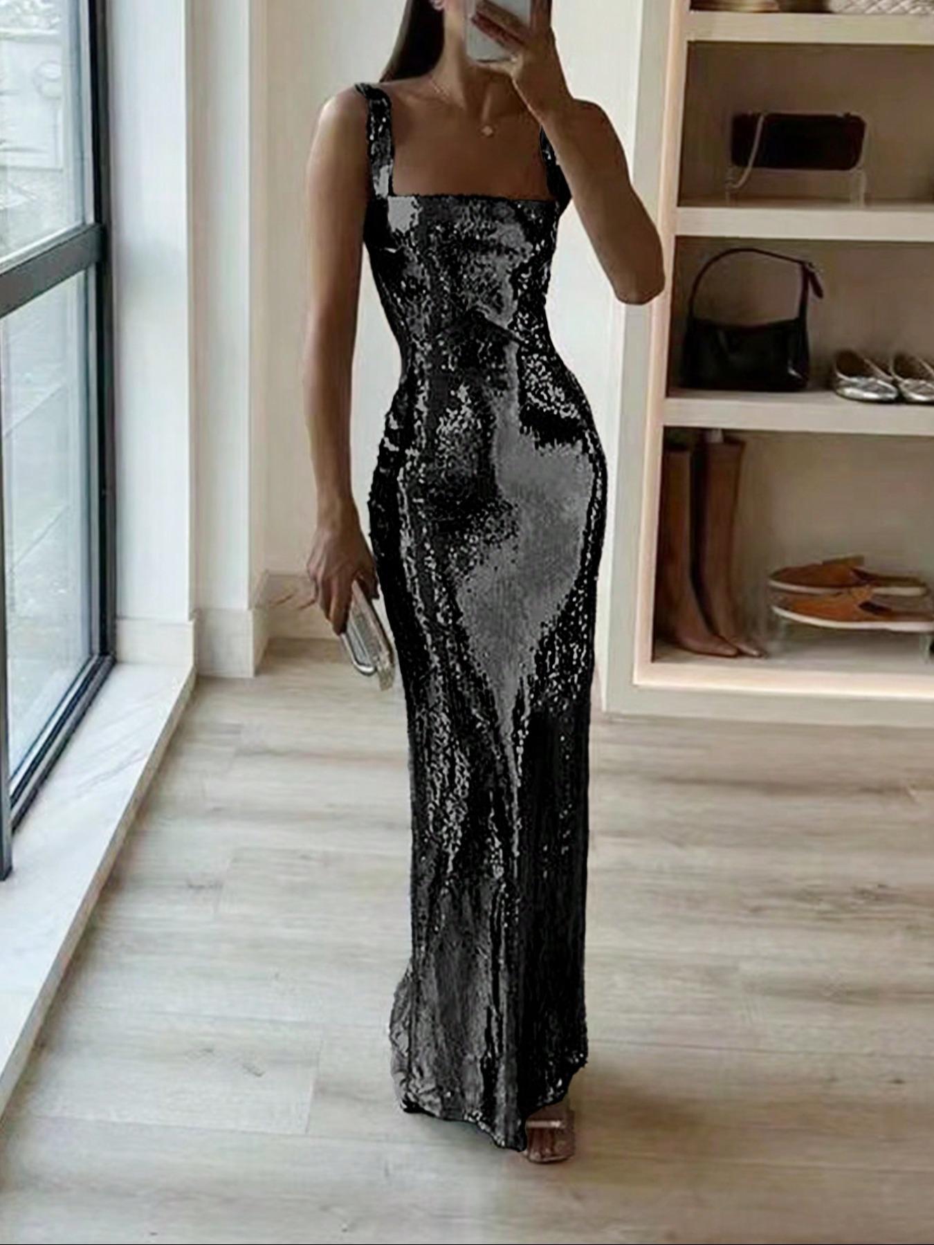 Women's Glitter Sequins Evening Dress, Elegant Sleeveless Evening Party Gown, Ladies Clothes for All Seasons, Formal Wear, Evening Event Clothing, Womenswear, Chic Elegant Fit, Chic Elegant Fitted, Evening Party Dresses