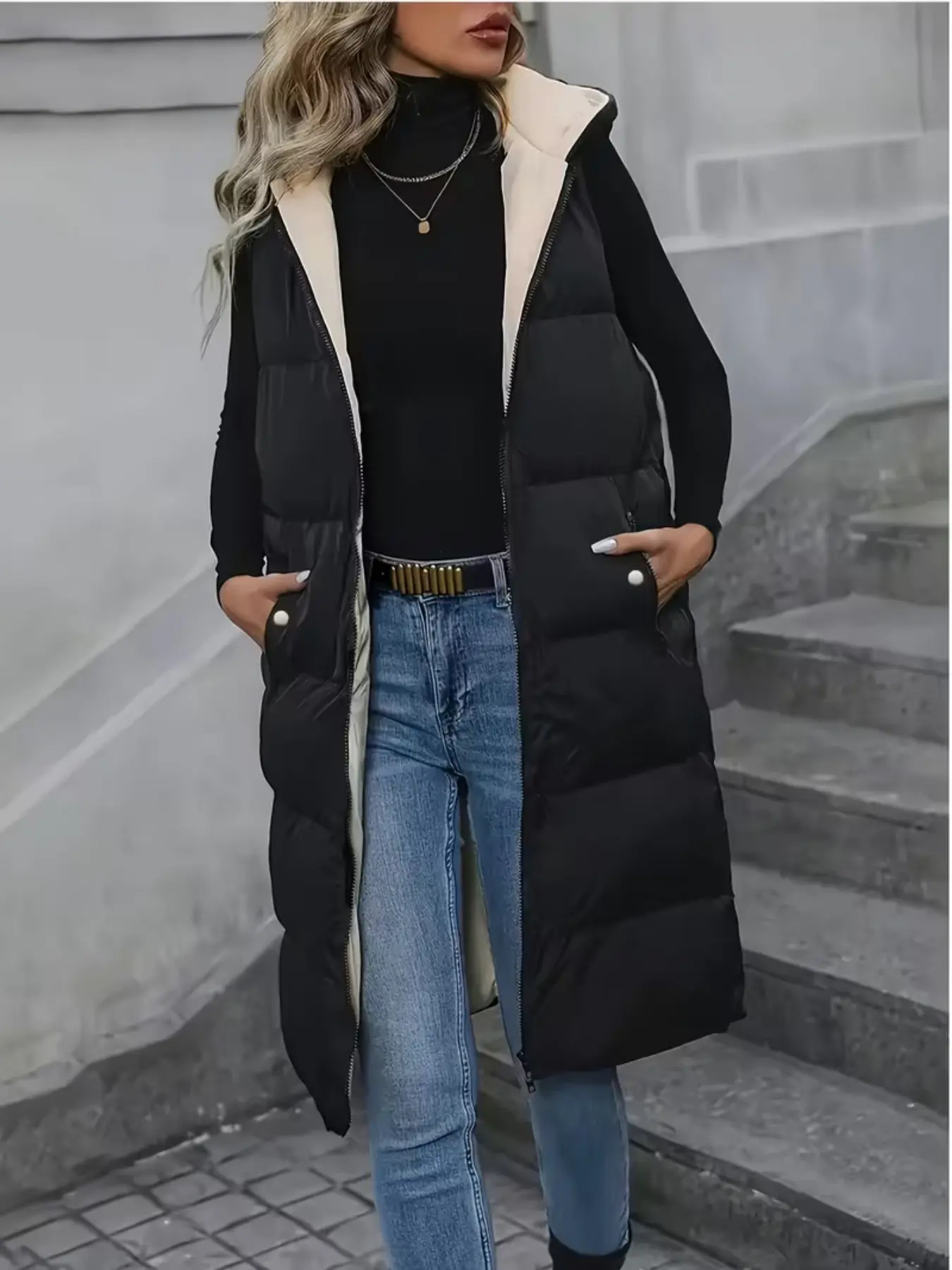Women's Long Hooded Quilted Cotton Vest, Inner Lining, Contrast Hat Lining, Sleeveless Outer Coat, Fashionable and Comfortable