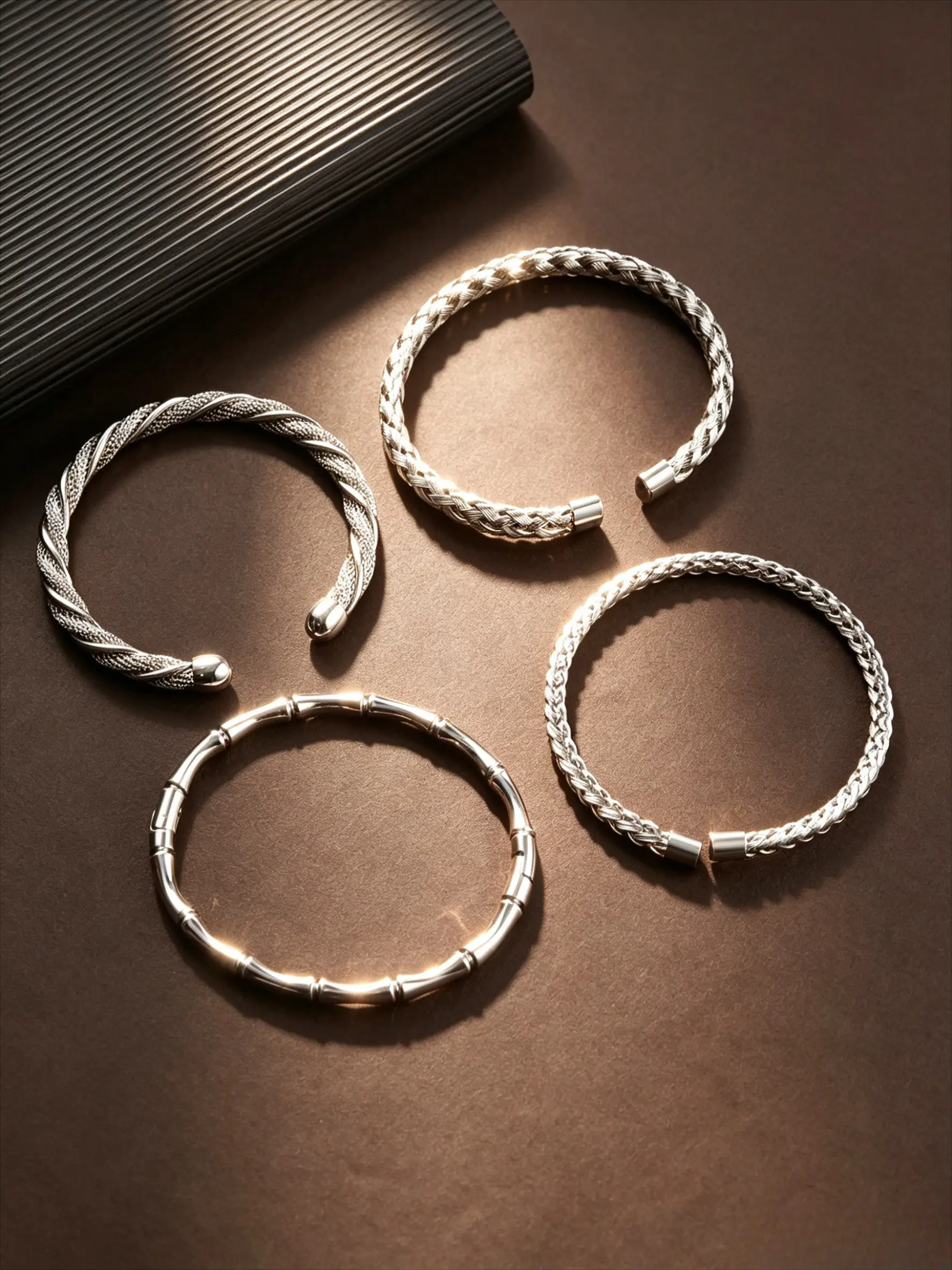 4 Pcs Silver Plated Twisted Braided Bamboo Open Cuff Bracelet Set Textured Stack Wrist Ornament Minimalist Vintage Boho Stack Jewelry For Daily Travel Birthday Anniversary Holiday Gift For Women