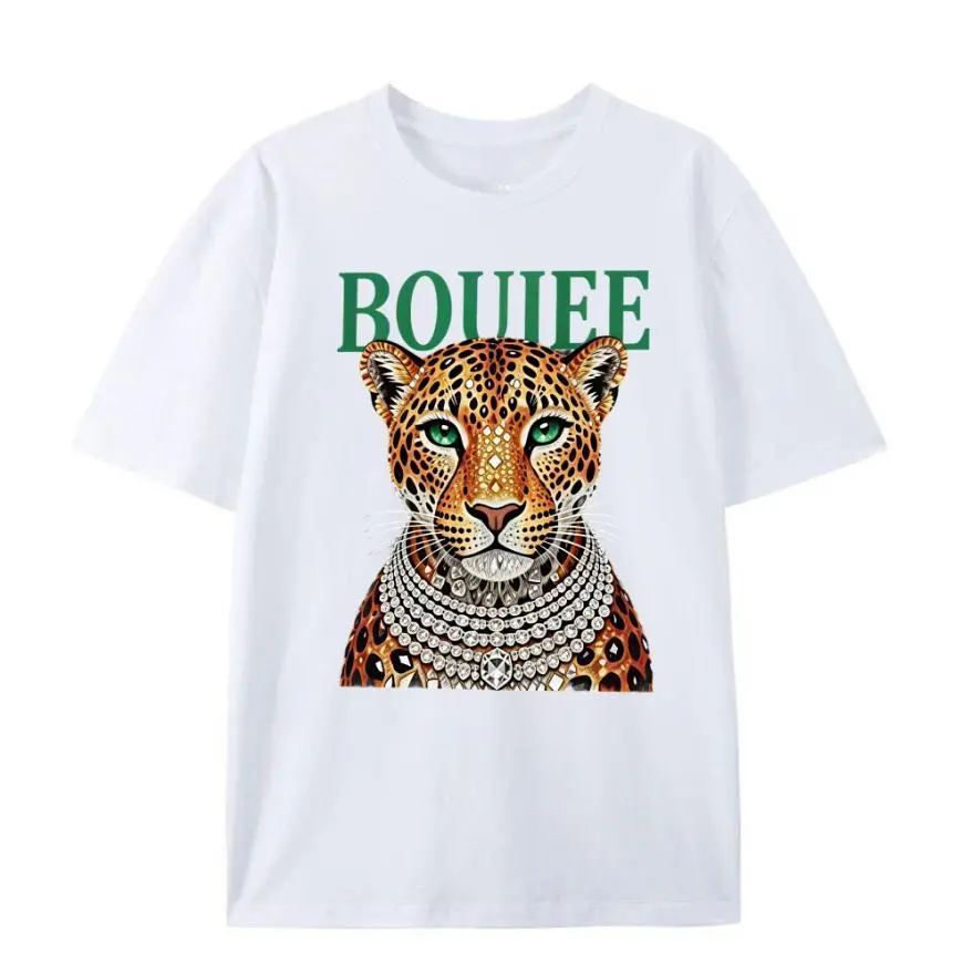 DTG-Comfortable retro leopard print shirt, gorgeous fashion patterned T-shirt, trendy animal print T-shirt, Boujee diamond sequin leopard head pattern T-shirt, women's white luxury short sleeve