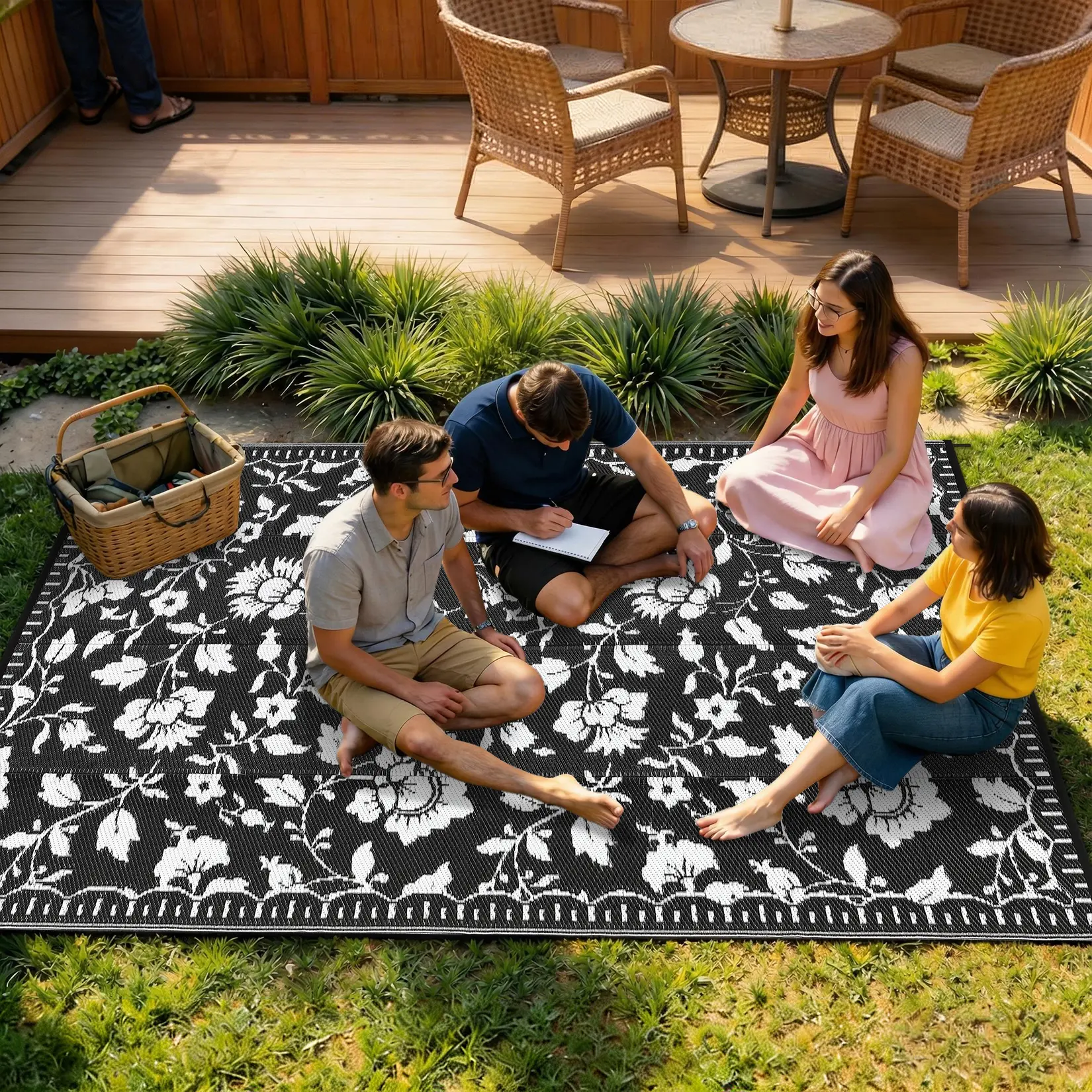 Waterproof Reversible Rectangular Plastic Flat-Weaved Outdoor Rug - Fade Resistant, Recyclable Polypro, Foldable All-Weather Mat for Patio, Deck, Travel Trailers