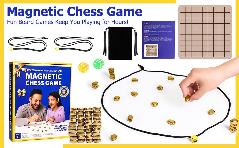 Magnetic Chess Game with Stones, Magnet Chess Game with String, 40 Magnetic Rocks, Mat, Dice and Storage Bag, Fun Magnetic Stones Game for Adults and Kids Ages 8+, Easter Family Game Night and Party