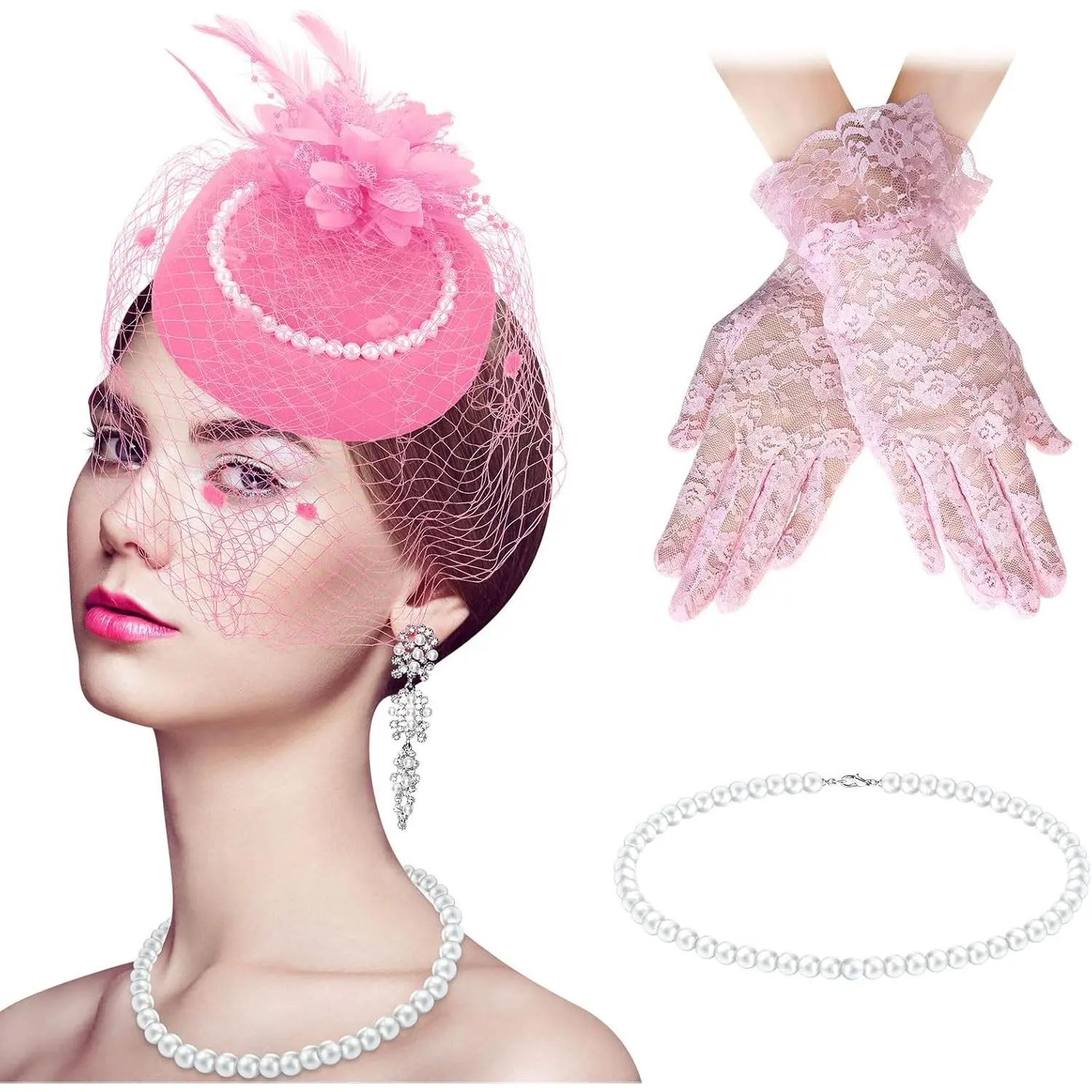 3 count 20s 50s Fascinator Pillbox Hat Set Women   Party Derby Wedding with Veil Lace Gloves  Necklace