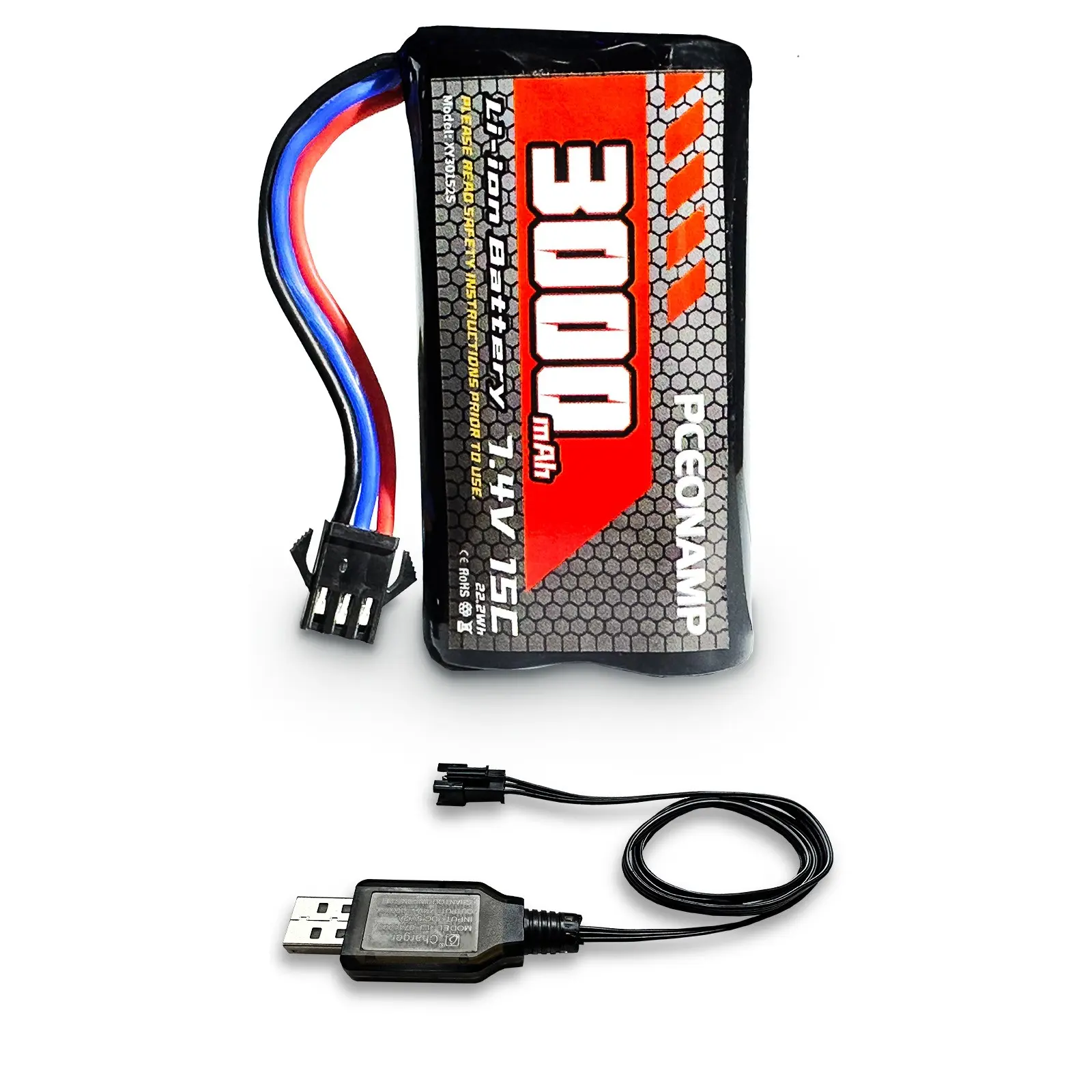 PCEONAMP 7.4v RC Battery 3000mAh 2S Li-ion with SM-3P Plug Rechargeable High Capaity Fit for RC Tank RC Truck 4WD RC Rock Crawler RC Car Batteries with 1 USB Charger