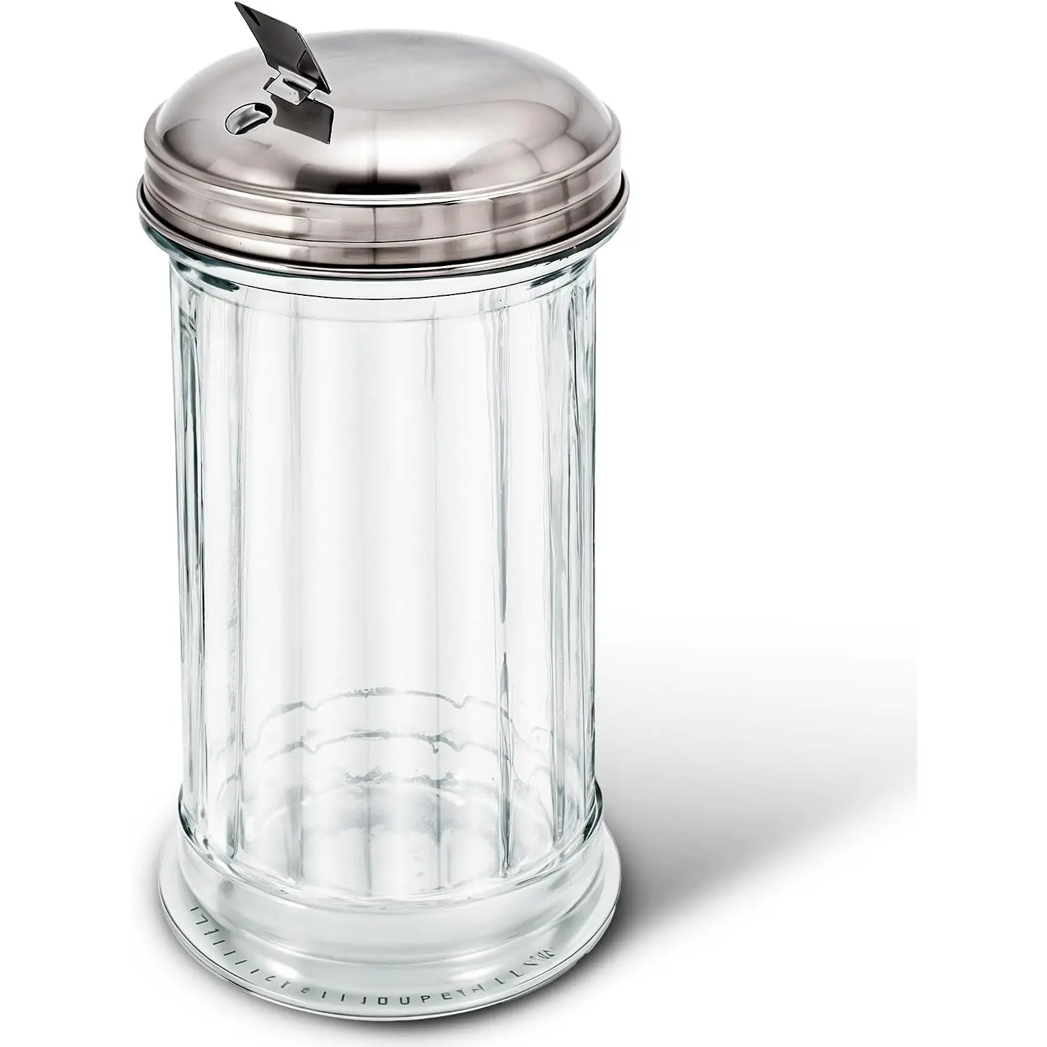 Glass Sugar Dispenser- Fluted Sugar Pourer with Stainless Steel Self Closing Lid -  Clear Sugar Shaker for Diners, Cafes, Bakeries, Coffee Shops, Restaurants, Kitchens