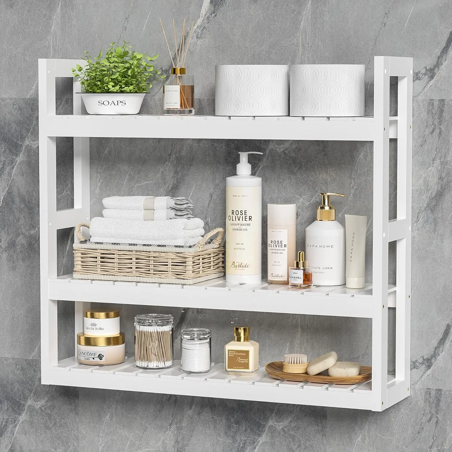 Bathroom Shelves Over Toilet Storage - 3 Tier Wall Mounted Bamboo Bathroom Shelf Organizer, Multifunctional Adjustable Layer Free Standing Utility Shelves for Bathroom Living Room Kitchen, White