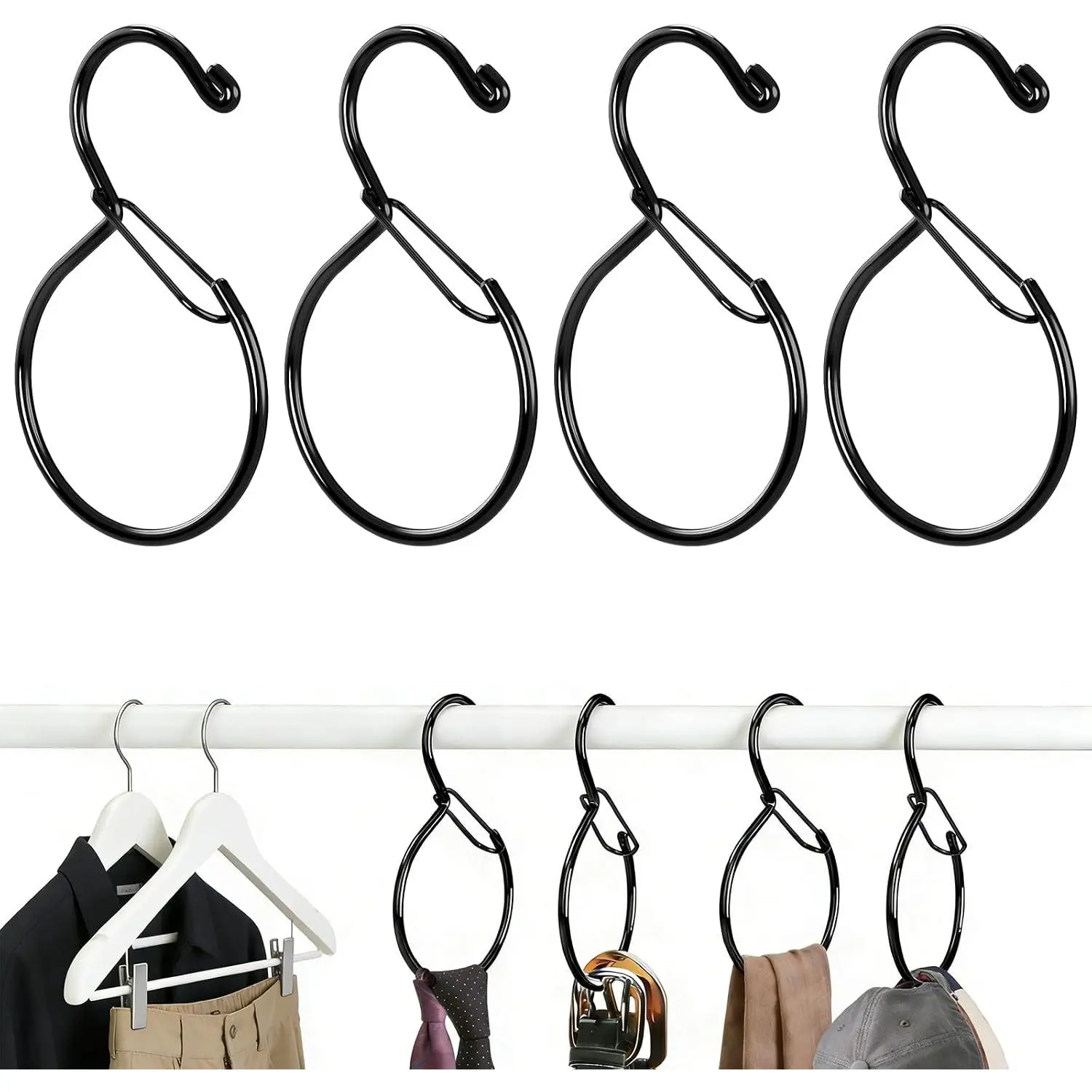 4 Pack Belt Hanger for Closet, Multipurpose Closet Hanger with S Hook, Rust-Resistant Metal Belt Organizer & Tie Rack for Belts, Ties, Scarves, Hats, Bags, Space Saving Wardrobe Storage (Black)