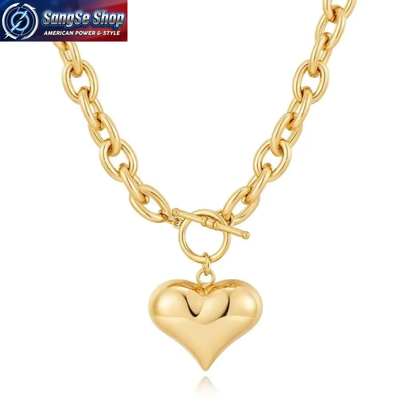 Female Chain Link Necklace - Gold-Plated Chunky Chain Accessory, Puffy Heart Fashion Pendant with OT Clasp, Minimalist Casual Jewelry for Daily & Street Style Outfits, Fashion Pendant Necklace, Metal Coating, Thick Durable Chain