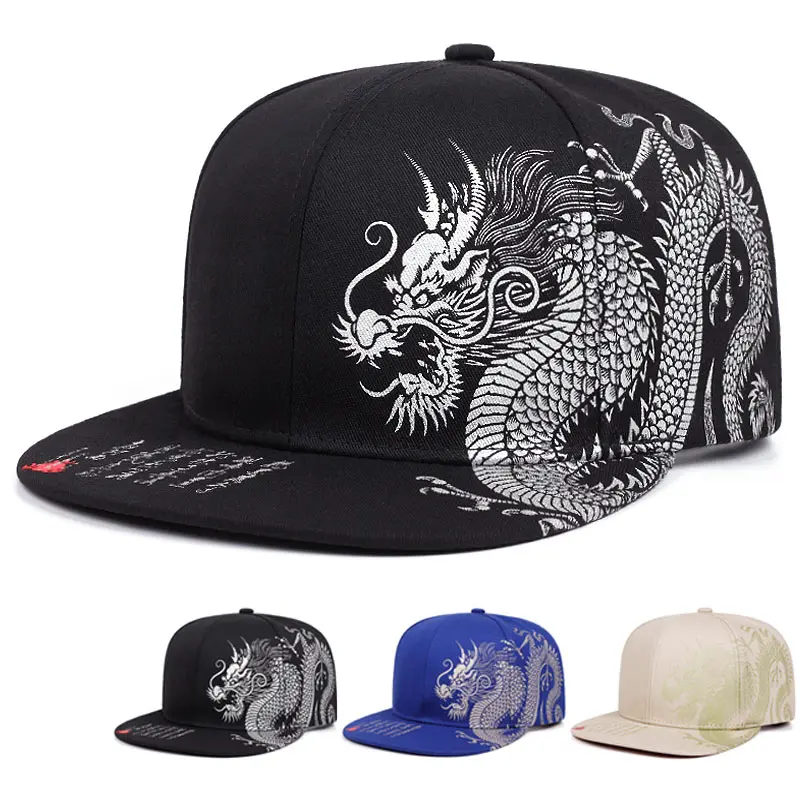 Mens Snapback Hat with Dragon Embroidery, Adjustable Flat Bill Design for Streetwear - Anniversary or Engagement Gift, Business, Memorial Day, Ceremony, Black Snapback, Flat Brimmed Cap, Embroidered Snapback