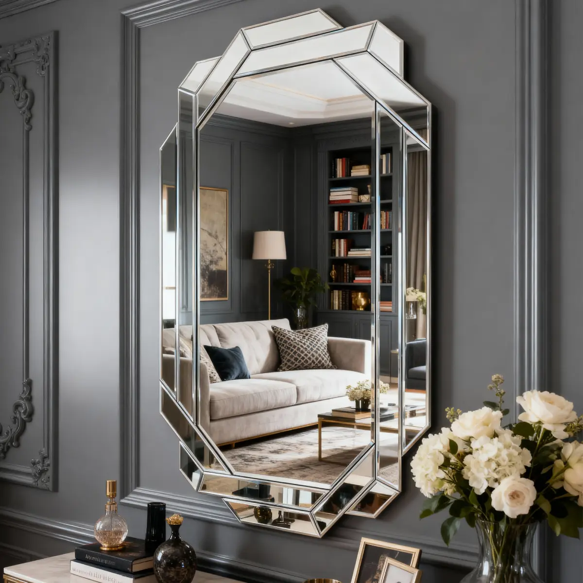 Large Wall Mirror for Decor, 36"X24" Large Octagon Decorative Wall Mirror for Living Room, Modern Frameless Accent Mirrors with Beveled Glass Edge for Shower, Bathroom, Living Room, Foyer Mirror for Entryway