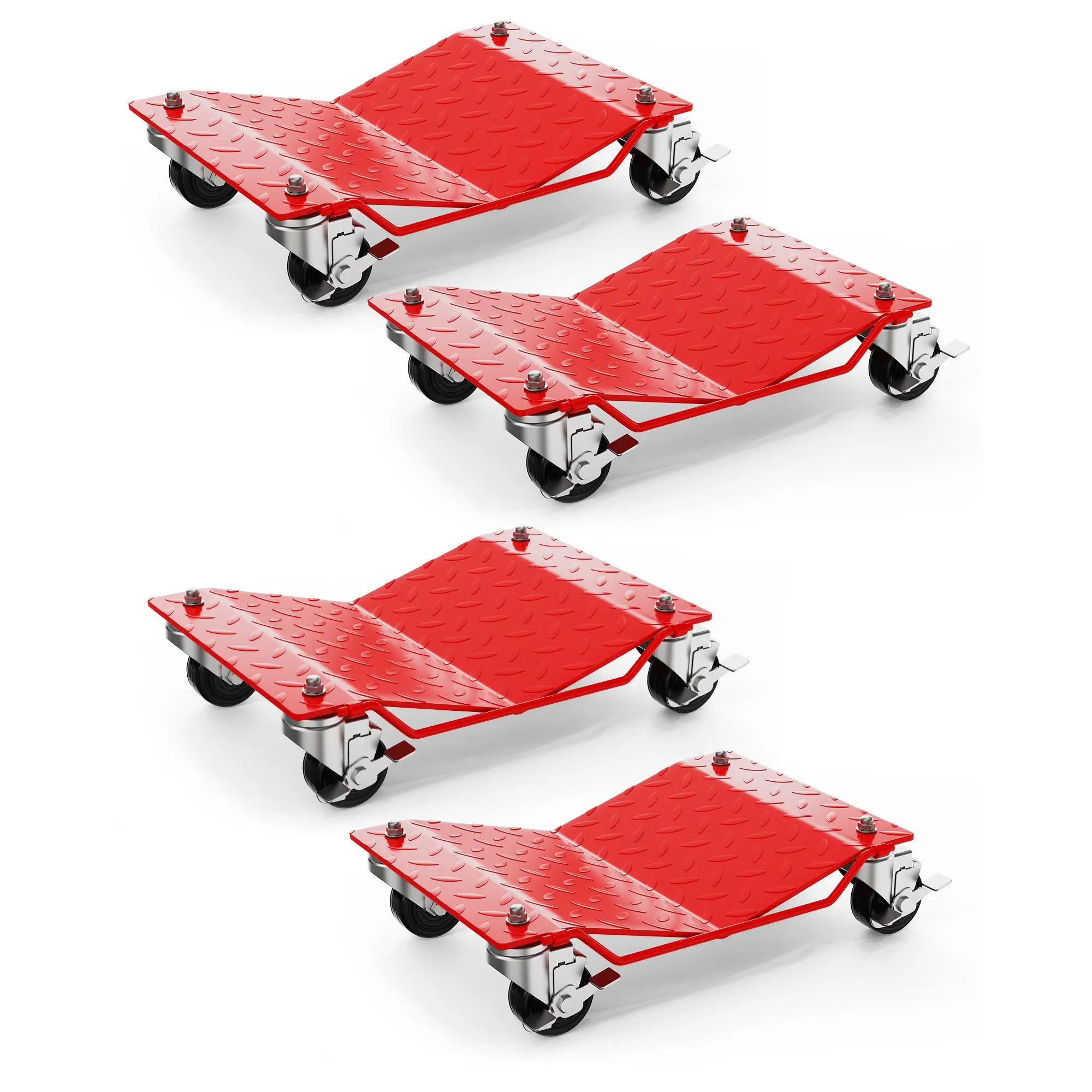 Set of 4 Heavy Duty Car Wheel Dolly Total 6000 LBS Load Capacity Vehicle Mover Dolly with Safety Brakes Red Wheel Skate Dolly for Car Truck Trailer Motorcycle Garage Workshop Moving Equipment