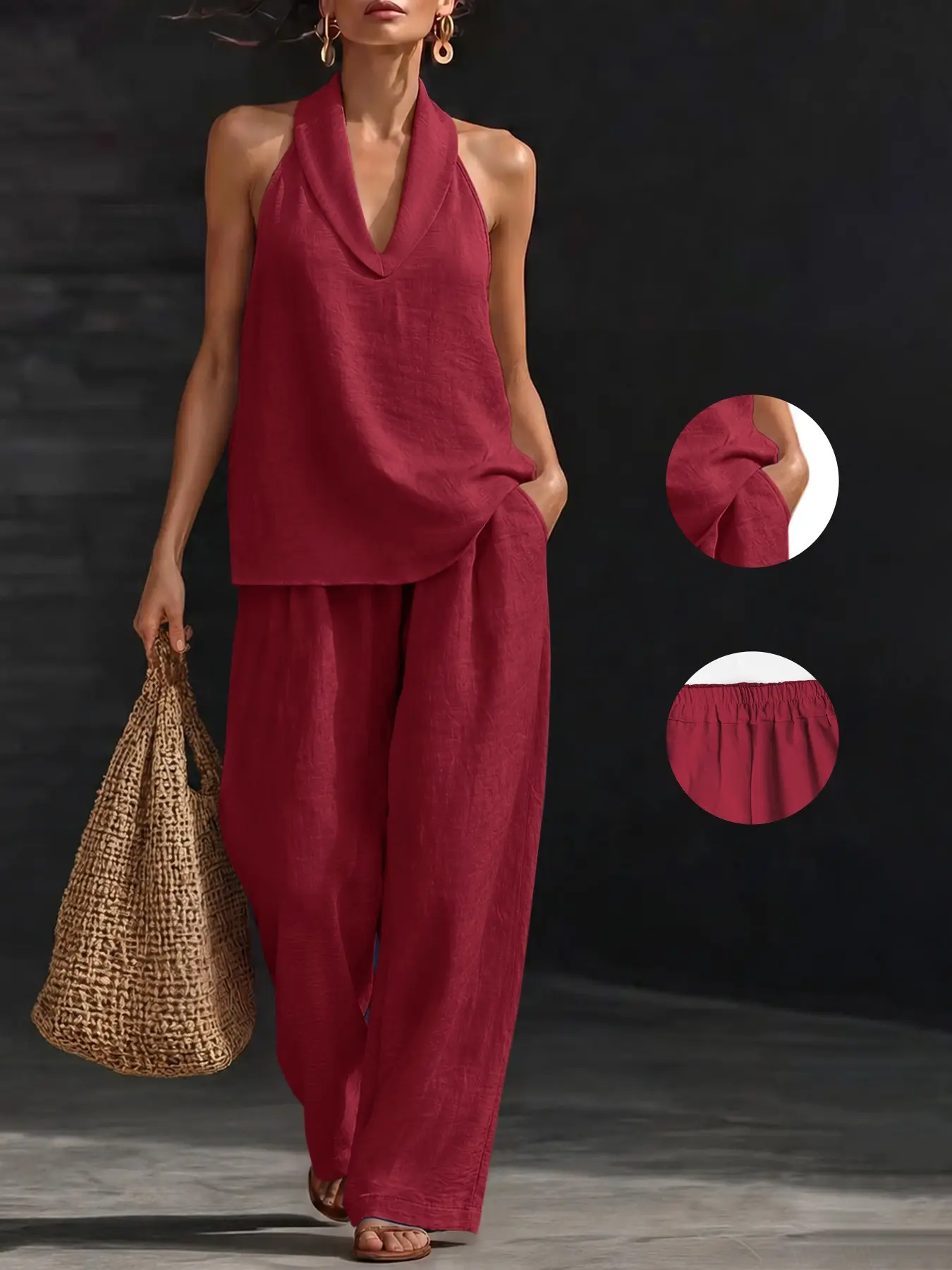 Women's Lightweight Chic Sleeveless V-Neck Halter Top and Wide Leg Pants Set, 2-Piece Loose Fit Lounge Set, Casual All-Season Wear, Clothes