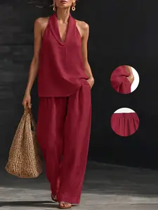 Women's Lightweight Faux Linen V-Neck Halter Top and Wide Leg Pants Set, 2-Piece Loose Fit Lounge Set, Casual All-Season Wear, Clothes