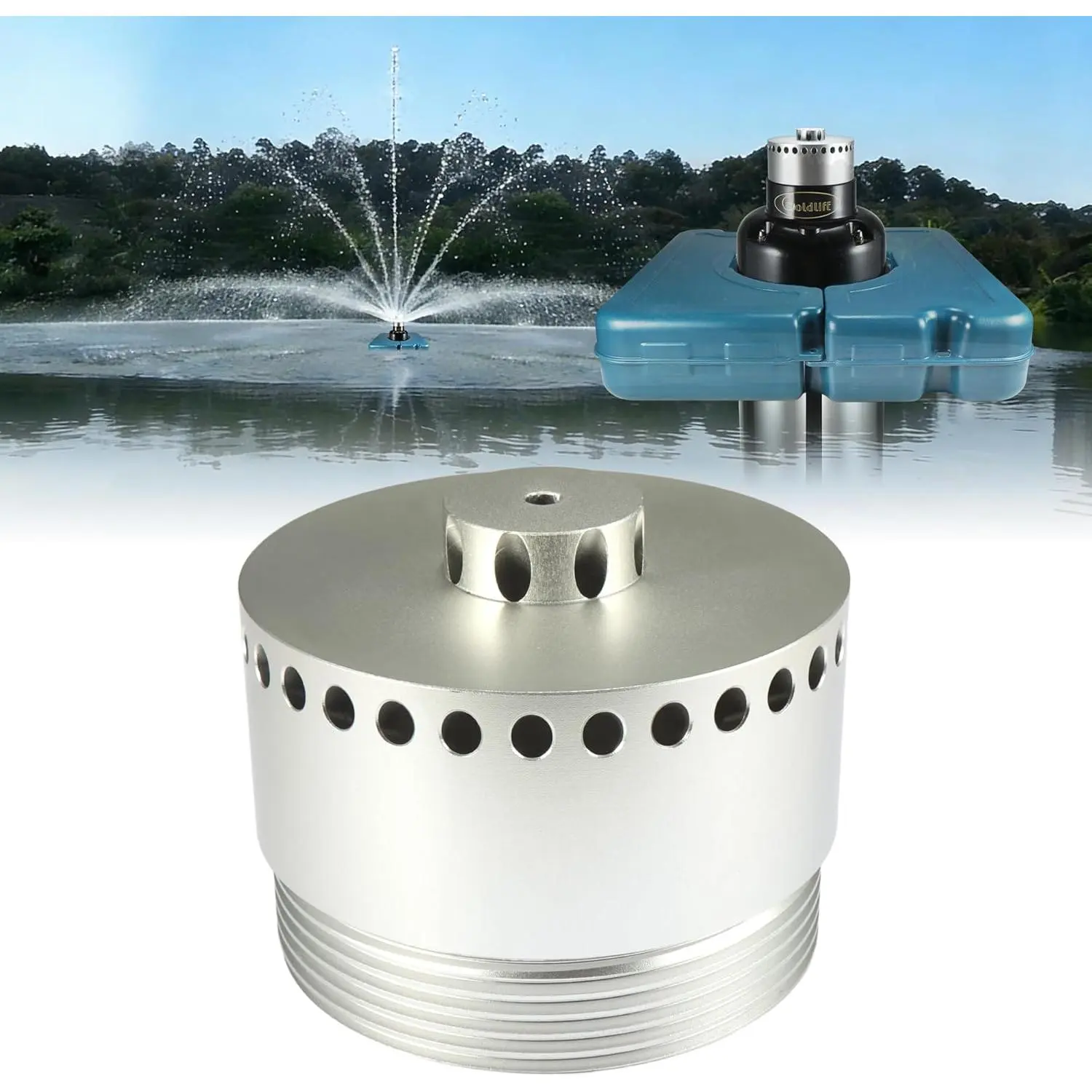 Pond Fountain Aerator Nozzle - 1 x N2 Nozzle, Al-Alloy Silver, 36ft Wide 16ft High-Layer Spray Sprinkler Head, Fountain Aerator Pump Nozzle for Pond Lake