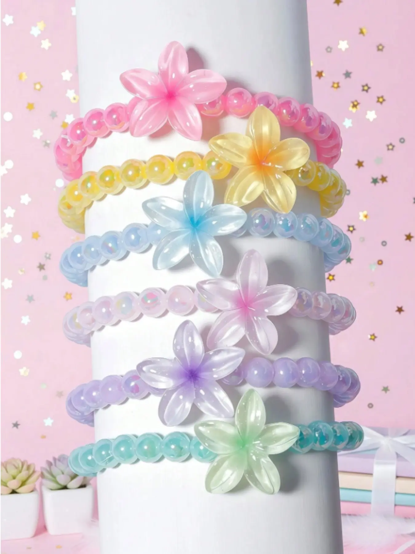 6pcs Cute Flower Pendant Pearl Beaded Bracelet Sets, Bangle, Bracelets Bangles, Wrist Accessories for Girls, Perfect for Everyday, Holiday, Festival, Birthday, Party Wear