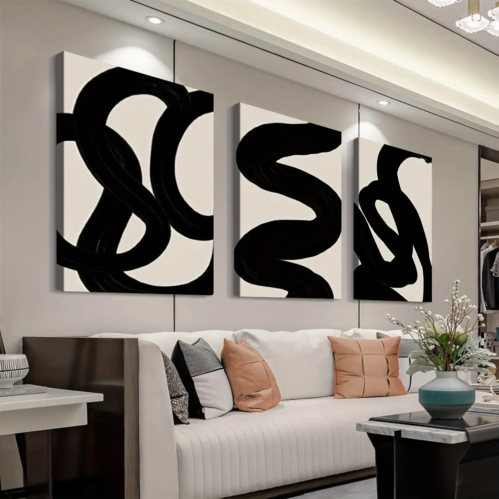 3-Piece Multi-Size Modern Bohemian Black and White Abstract Landscape Canvas Wall Art - 2D Flat Decorative Painting with Wooden Framed Edges, Neutral Monochrome Triptych, Suitable for Living Room, Bedroom Decoration, Warm Home Gift