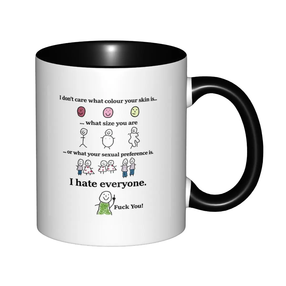 11oz Classic Heat-Safe Curved Ceramic Coffee Mug - 2-Tone Drinkware with Printed Sarcastic Stick Figure "I Don’t Care About Skin Size Preference I Hate Everyone" Graphic, Funny Mugs for Introverts, Edgy Novelty Prank Gift for Cafes, Pranks