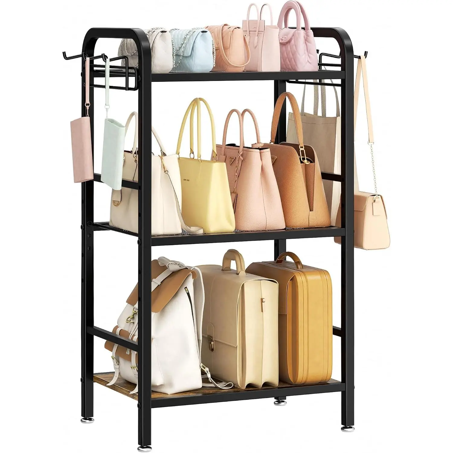 3-Tier Black Purse Organizer, Large-Capacity Floor-Standing Handbag Rack with Adjustable Shelves and 6 Side Hooks, Metal and