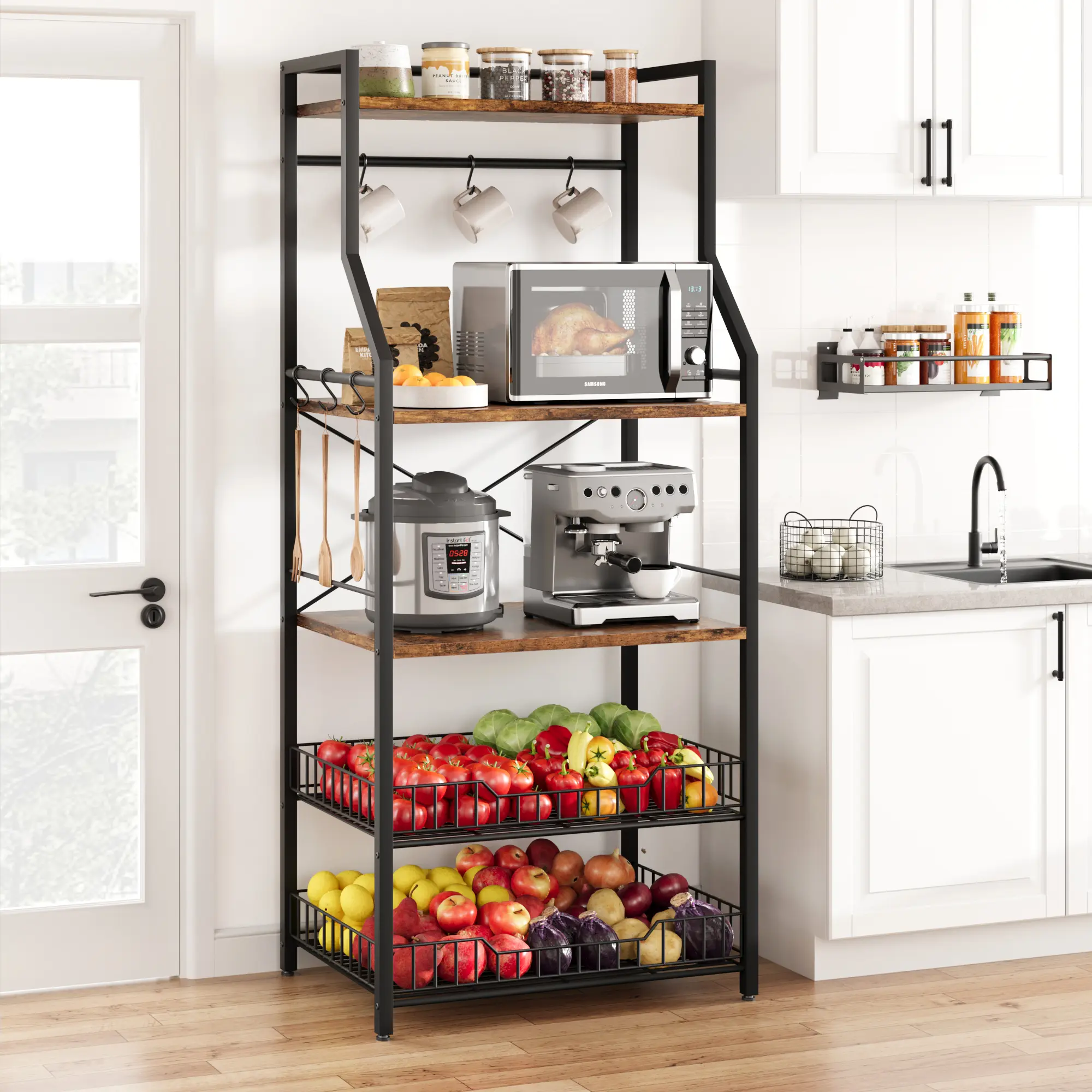 Sturdy 5-Tier Industrial Bakers Rack with Steel Frame, 15.7"d x 23.6"w x 57.4"h Kitchen Microwave Stand Coffee Bar Station, Storage Cabinet with 2 Large Wire Baskets and 8 Hooks, Quick Setup, Industrial Farmhouse, Spice Organization, Scuff-Proof Pads