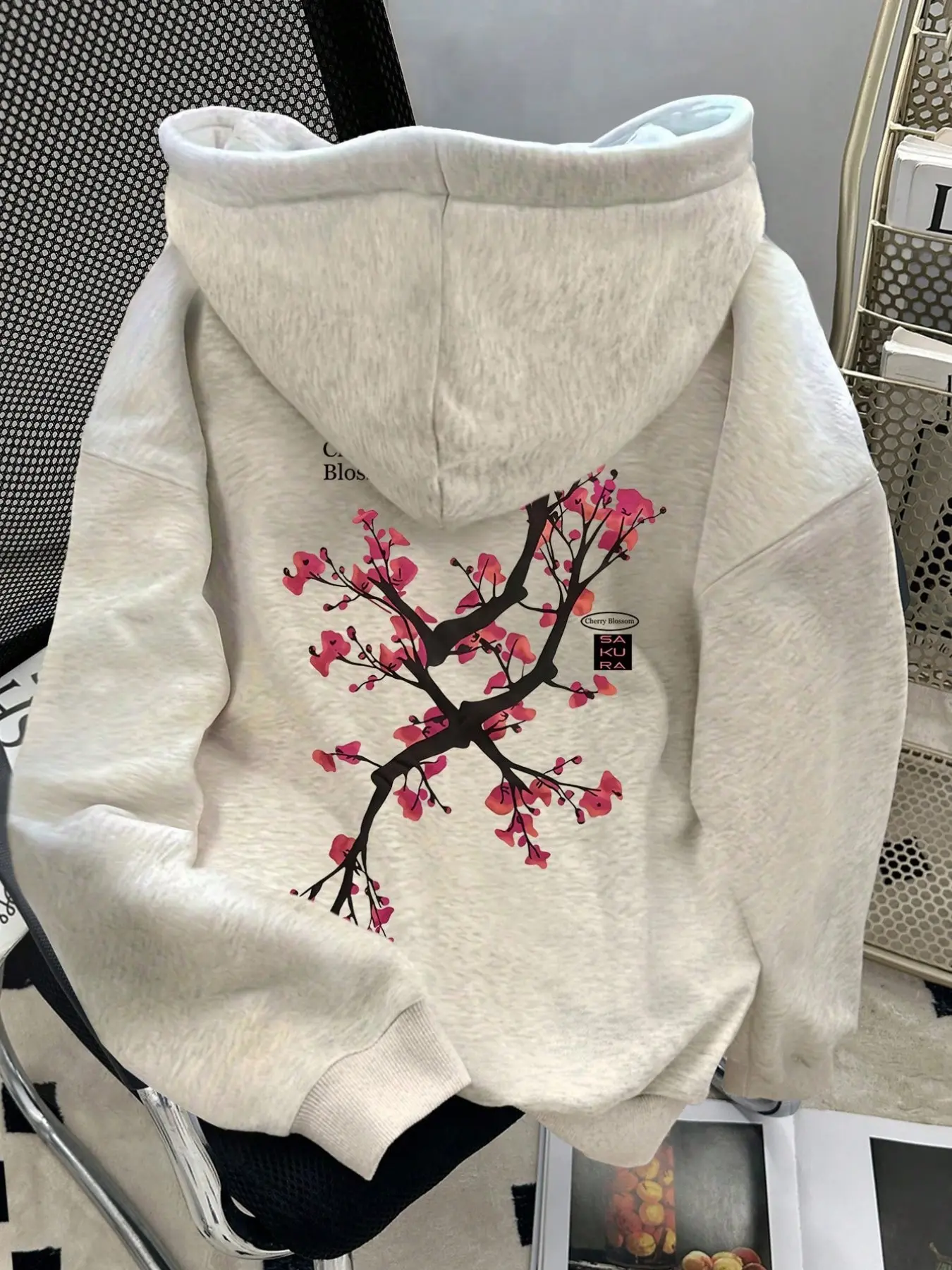 Women's Loose Hoodie, Vintage Cherry Blossom Tree Back Print, Drawstring Cap Sleeve Top, Casual Street Style, Fall & Winter Wear