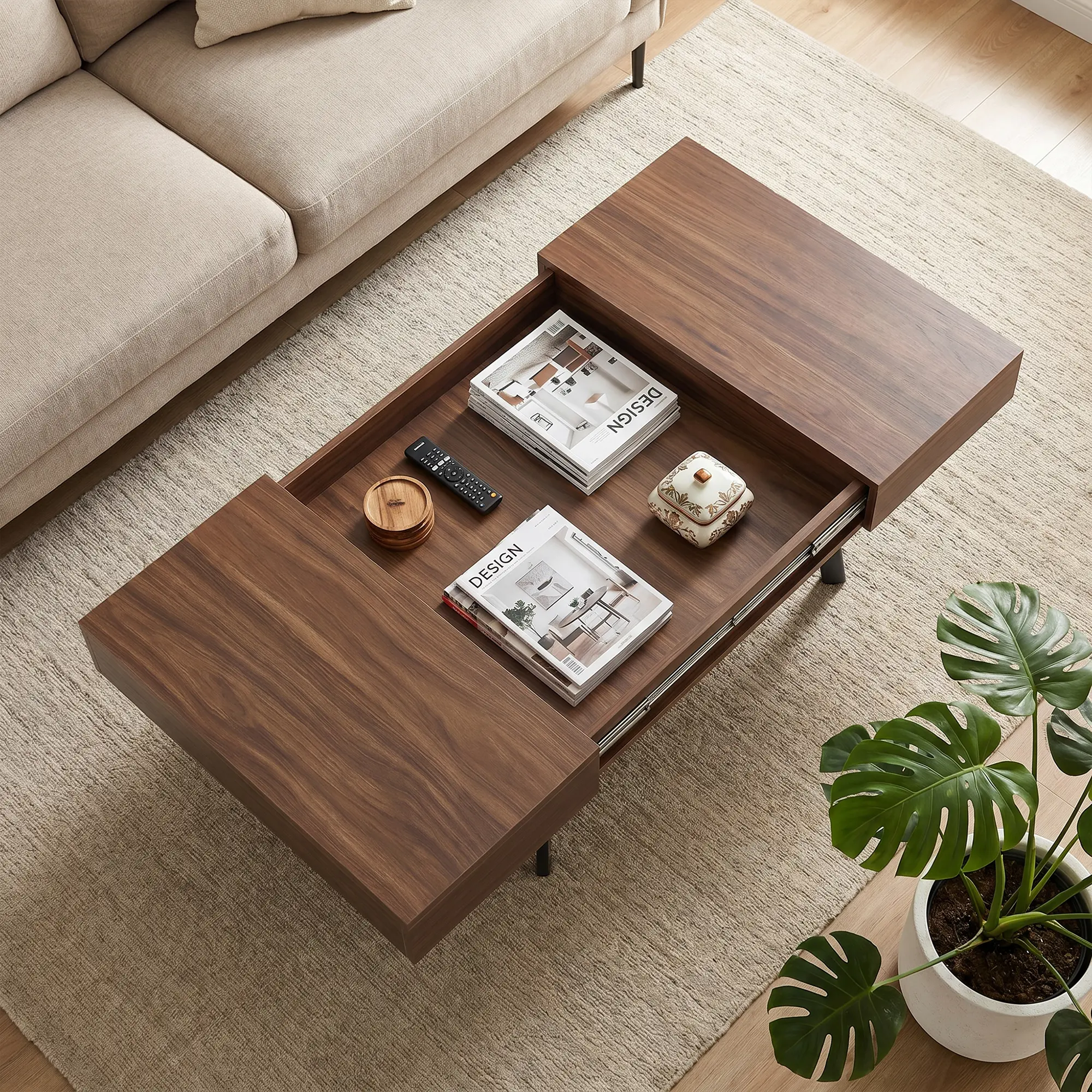 Extendable Coffee Table with 2 Hidden Storage Compartments, Square Wood Grain Coffee Table with Sliding Expandable Tabletop, Modern Center Table for Living Room