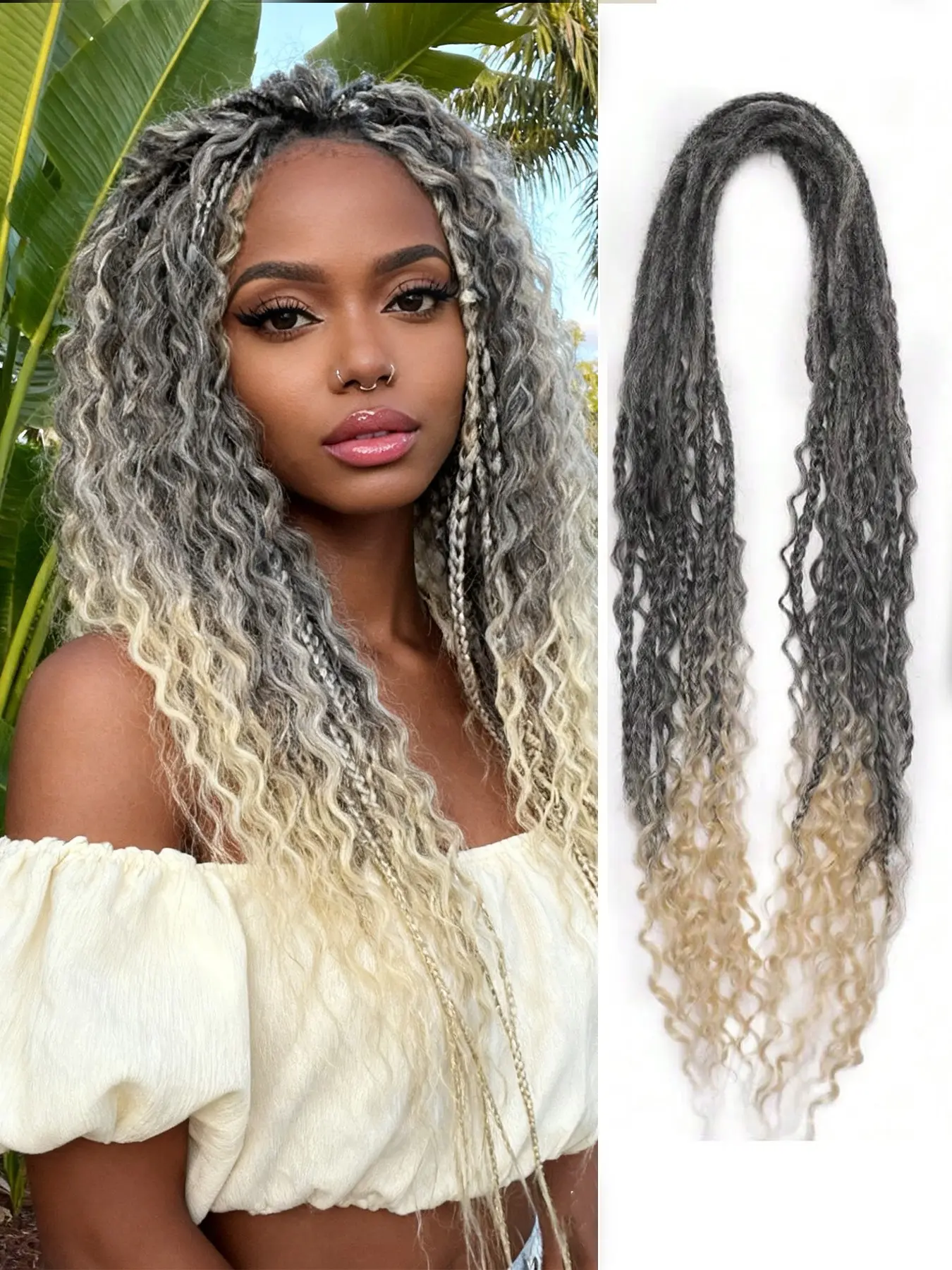 24 Inch Ombre Grey Blonde Crochet Braids Hair Extensions Double Ended Curly Boho Locs Wavy Dreads for Women Natural Wave Easy Install for Black Women Daily Use