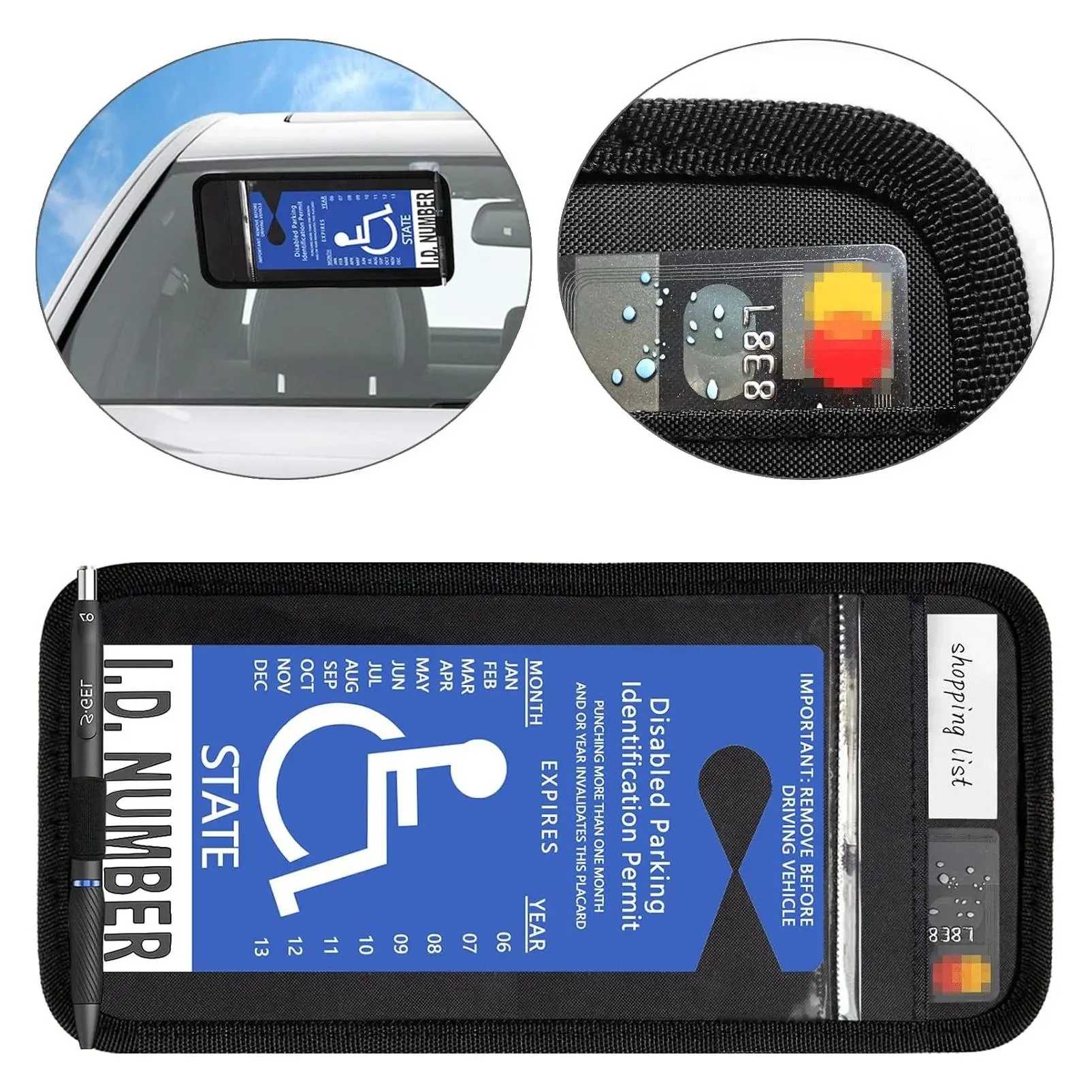 Handicap Placard Holder for Auto Visor, Black, with Pen Holder, Note Paper Slot and Elastic Strap, 1 PCSGift