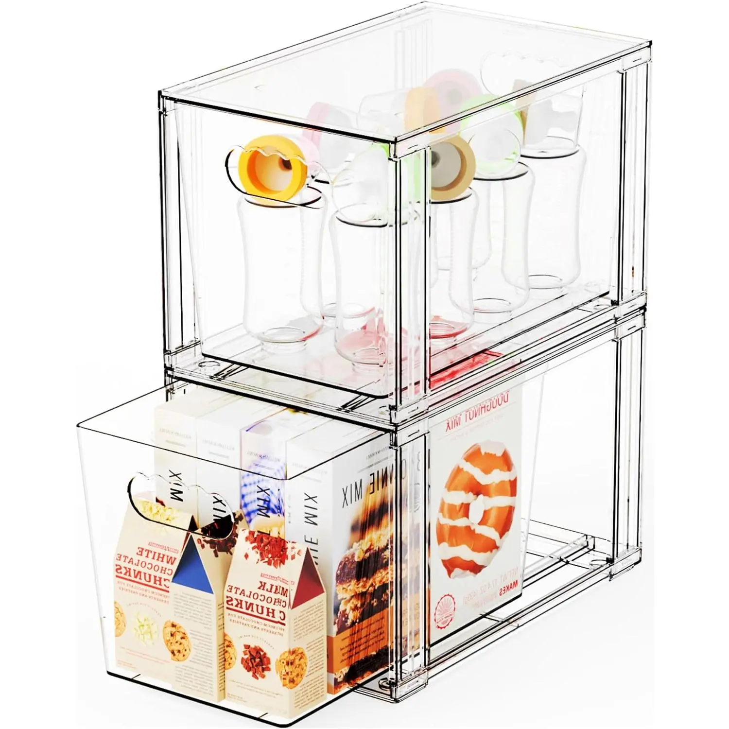 2 Pack  Bottle Organizer for Countertop,Large Stackable Storage Bins Under The Sink, Drawer Organizer and  Bottle Station Organization,Clear Plastic Drawer for Pump  Storage