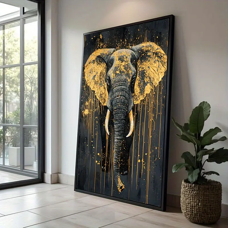 2D Flat Wood‑Framed Wrapped Canvas Wall Art, modern abstract elephant artwork with golden detail, dark backdrop and textured paint‑splatter design, premium wall decor for living room and bedroom