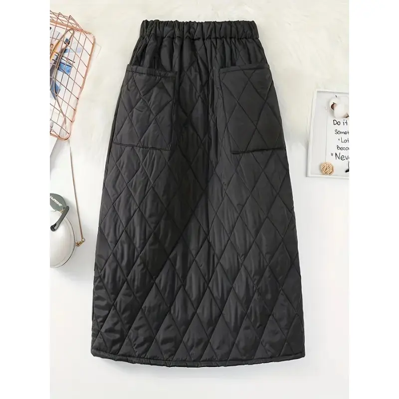 Elegant Quilted Midi Skirt, Solid Color, Polyester, with Pockets, for All-Season Woven Skirt