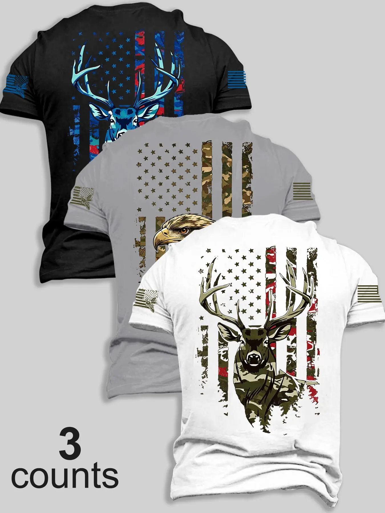 3 Pack Men's Crew Neck Short Sleeve T-Shirts, Vintage Distressed Star Stripe Flag & Wildlife Animal Eagle Deer Graphic Print on Back & Sleeve, Soft Casual Tees for Outdoor Hunting, Camping, Travel and Leisure, Patriotic Streetwear