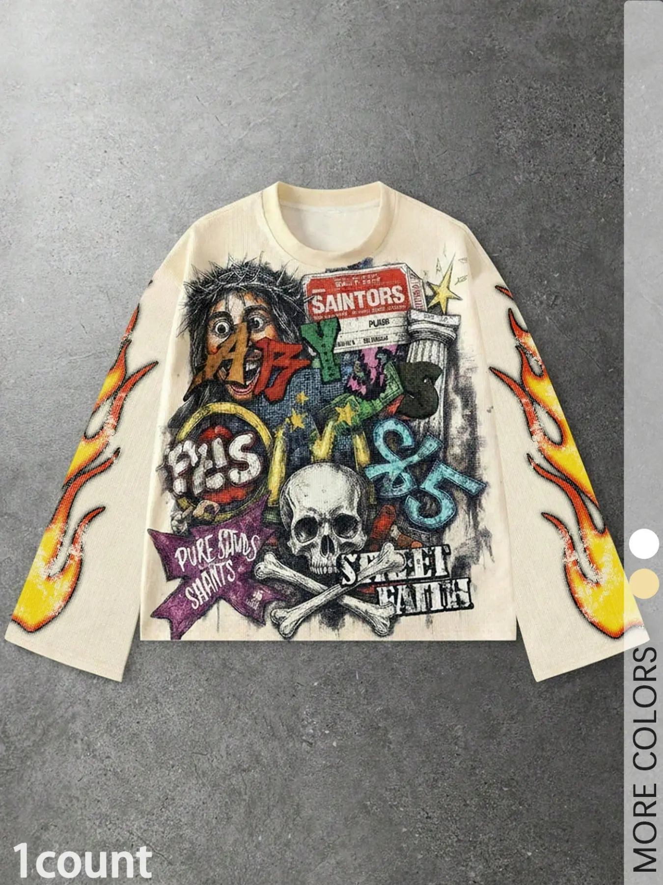 Waffle Knit Long Sleeve Tee Vintage Graffiti Skull Flame Print Crew Neck Streetwear Top For Men Hip Hop Daily Casual Outfit