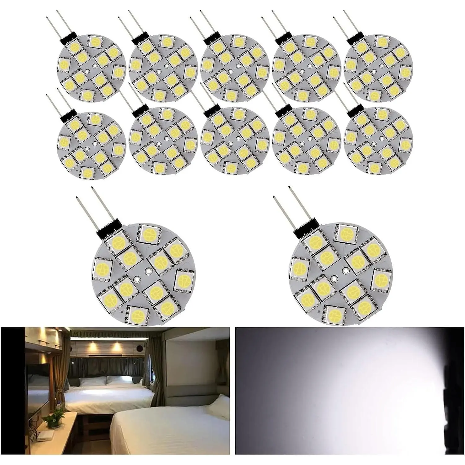 12-Pack G4 LED Puck Lights, 5050 12SMD Side Pin Base White Round Bulbs for RV Camper Marine Home Reading, DC 12VGift