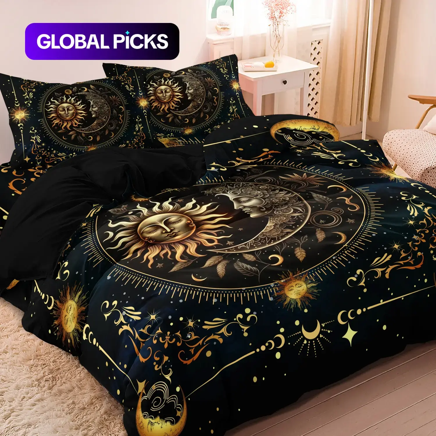 Ramadan Decoration Sun & Moon Pattern Decorative Duvet Cover Set, 3 Counts/set Including 1 Duvet Cover & 2 Pillowcases without Filler, Soft Comfortable Theme Bedding Set for Home Bedroom Comfy Bedding Sets #GLOBAL PICKS