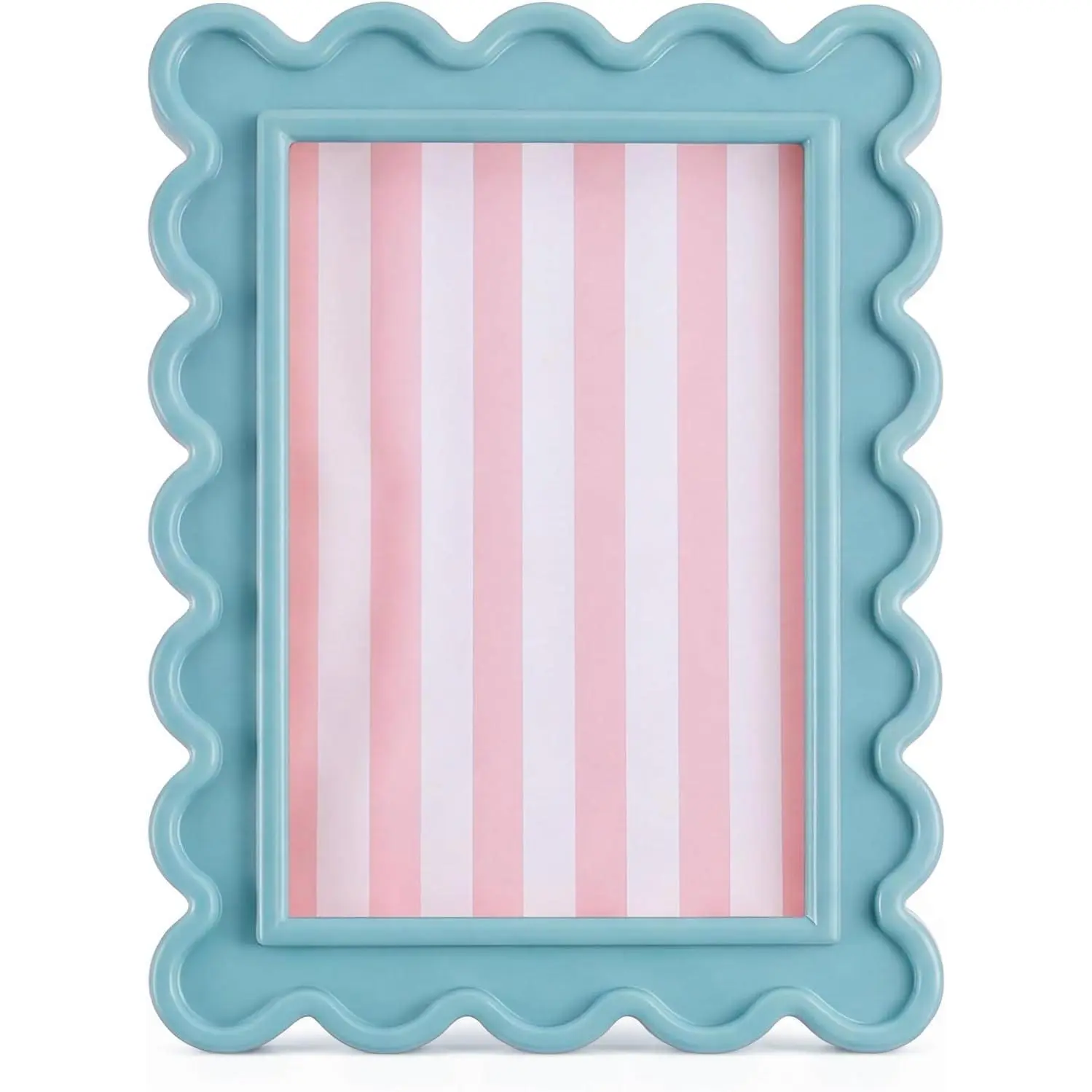 5*7-Inch Cute Wavy Scalloped Picture Frame, Lake-Blue Floral-Pattern Photo Frame for Tabletop & Wall Display, Home Decor Photo Holder