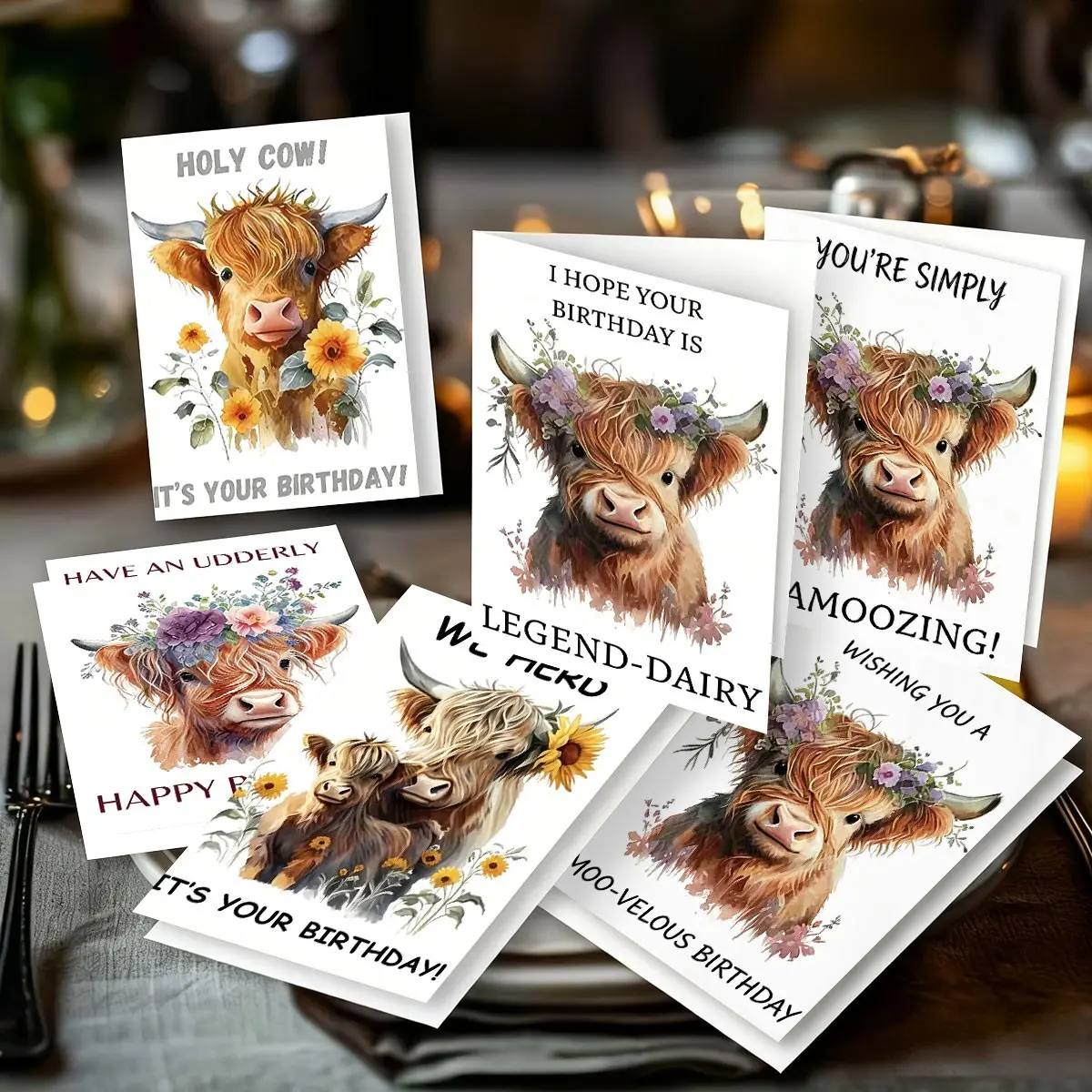 12 Pieces Highland Cow Birthday Cards, 6 with Envelopes, Unique Fun Theme, Greeting Cards Assortment, Perfect for Family Friends Colleagues, Creative Greeting Cards