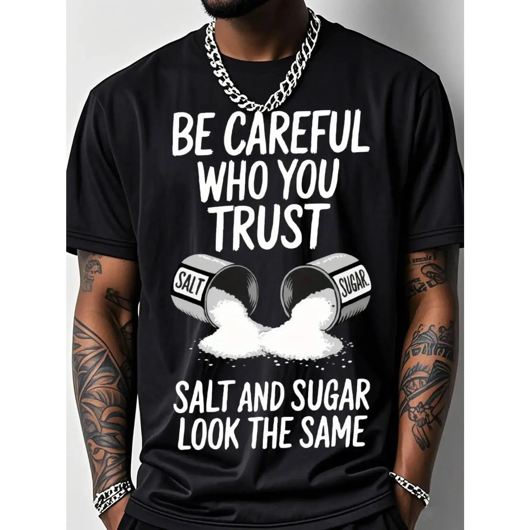 Men's Outdoor Fitness T-Shirt with Salt Pattern Print - Beware of Spoken Words from People You Trust - Short-Sleeve Crew Neck Top -  Cotton Breathable Stretch Fabric